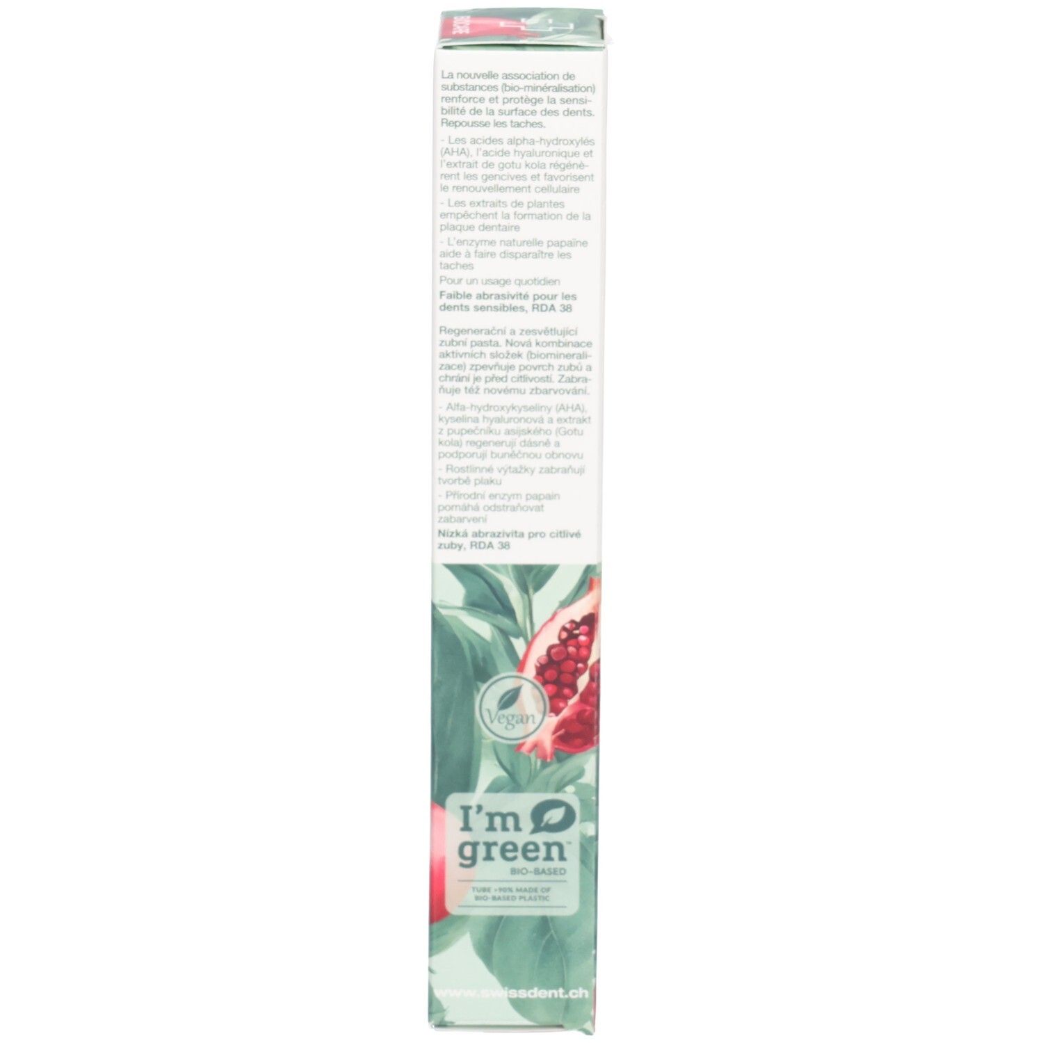 Rückseite der Zahncreme-Schachtel. Textinformationen, Inhaltsstoffe und Zertifizierungen. Grün-weißes Design.