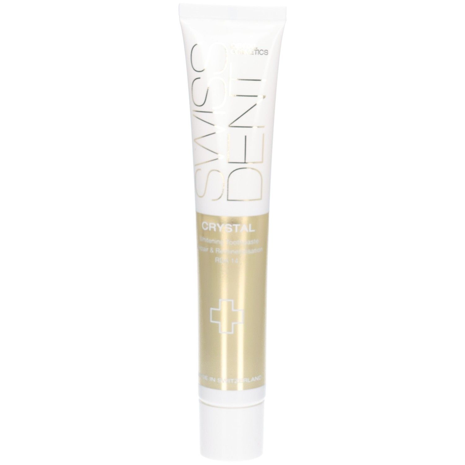 Zahncreme-Tube mit weißer Kappe. Aufschrift SWISSDENT CRYSTAL. Goldfarbener Bereich mit weißem Kreuz. Vertikale Ausrichtung.