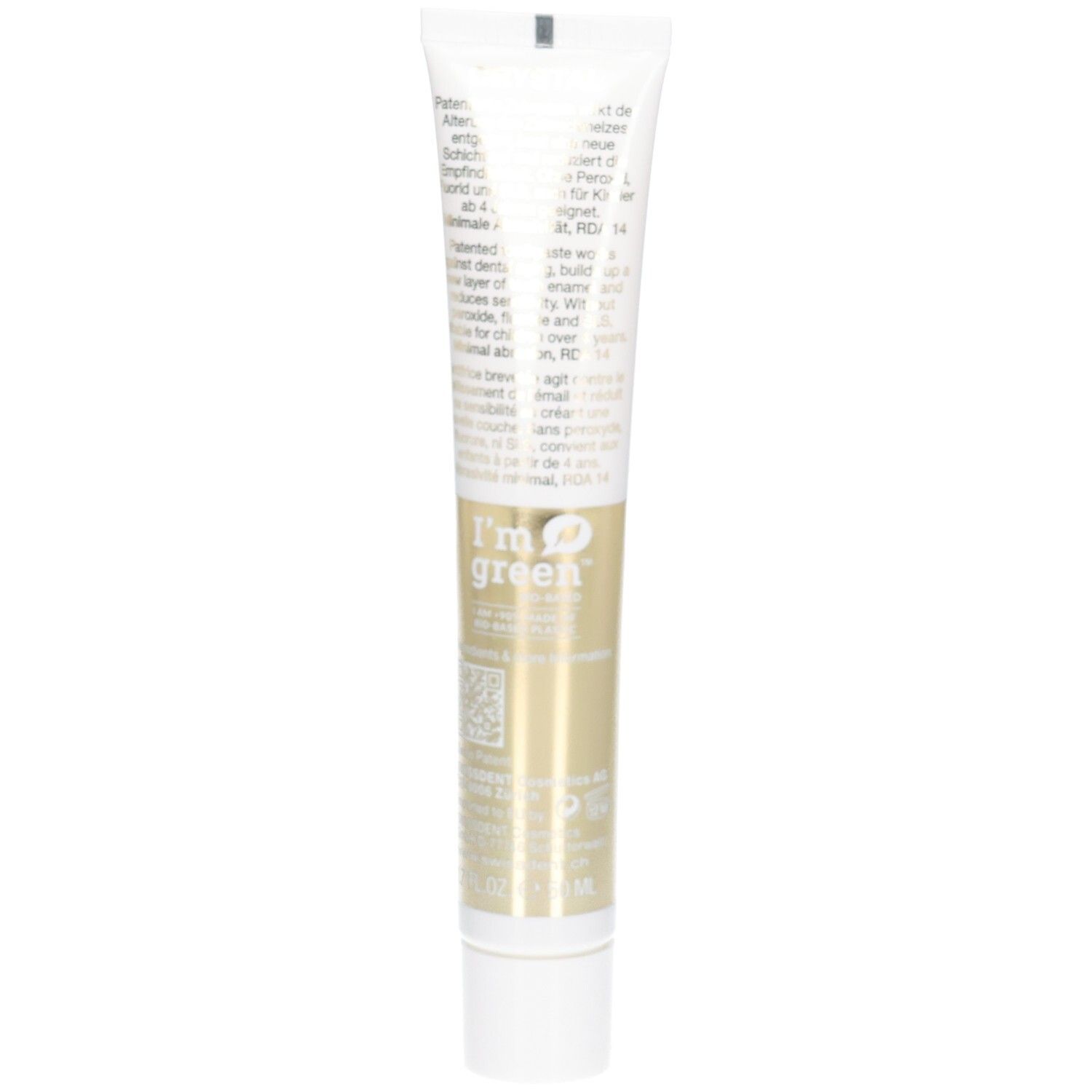 Rückseite der Zahncreme-Tube. Text in mehreren Sprachen. Logo 'I'm green'. Weiße Kappe und goldfarbener Bereich.