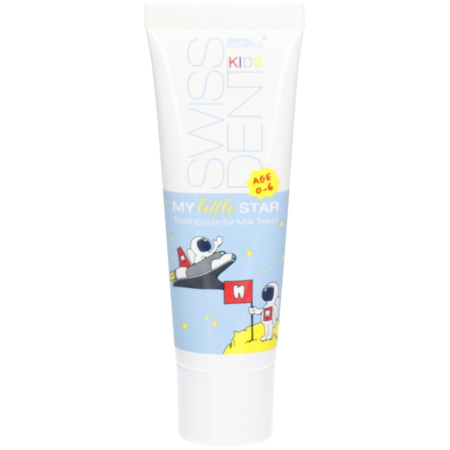 Zahnpasta-Tube mit blauem Design. Aufschrift SWISSDENT KIDS, MY little STAR. Illustrationen von Astronauten und einem Raumschiff.