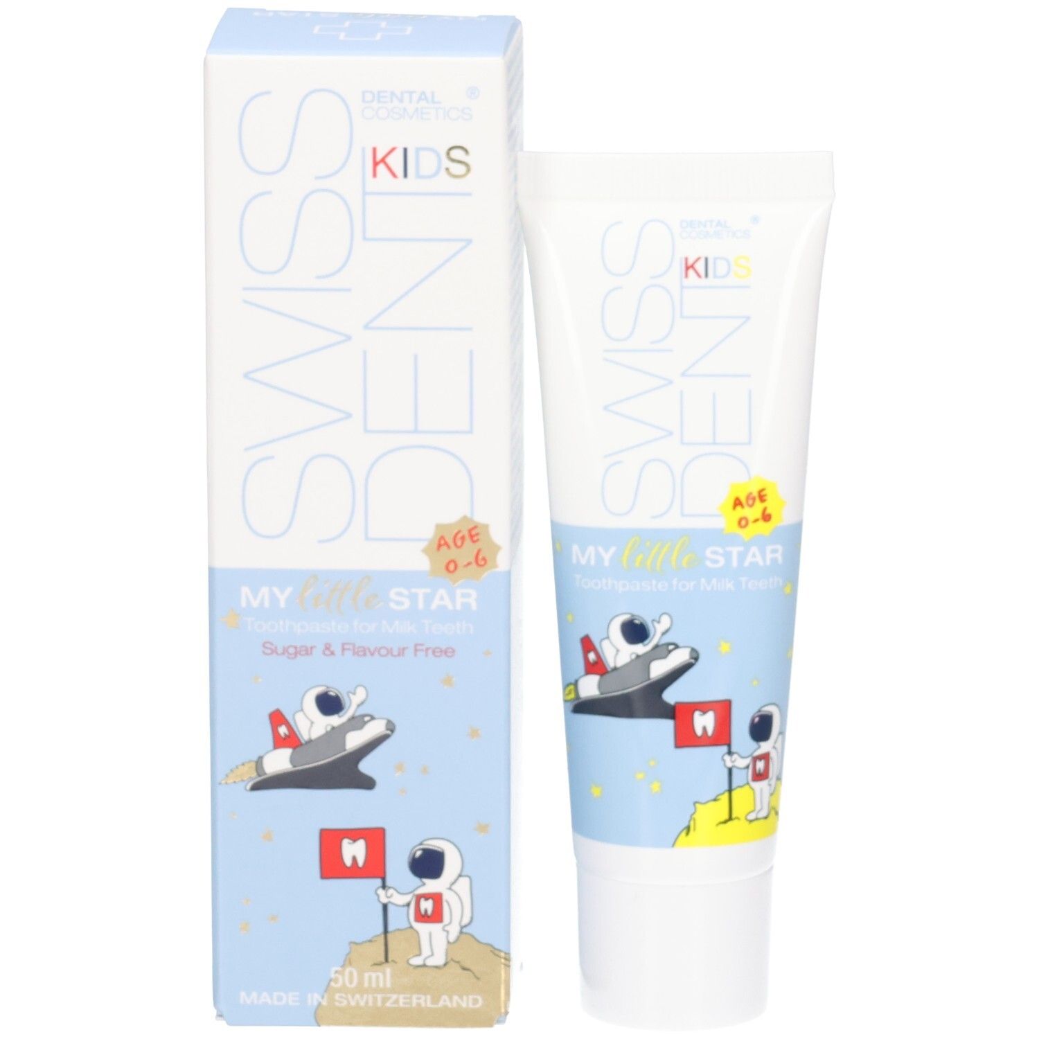 Zahnpasta-Tube und Schachtel. Aufschrift SWISSDENT KIDS, MY little STAR. Illustrationen von Astronauten. Blaue und weiße Farbgebung.