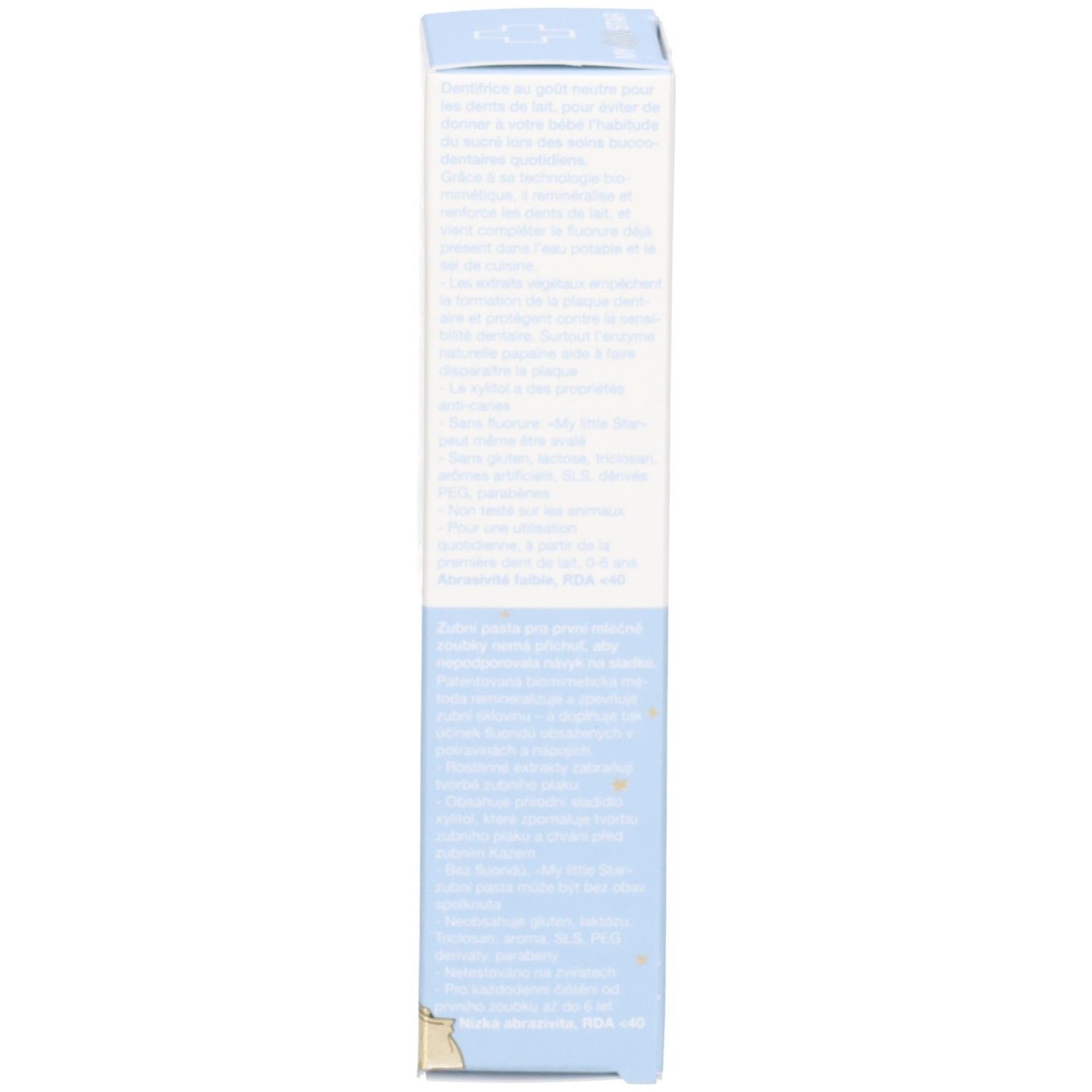 Zahnpasta-Schachtel, Seitenansicht. Text in mehreren Sprachen. Blaue und weiße Farbgebung. Produktinformationen und Inhaltsstoffe.