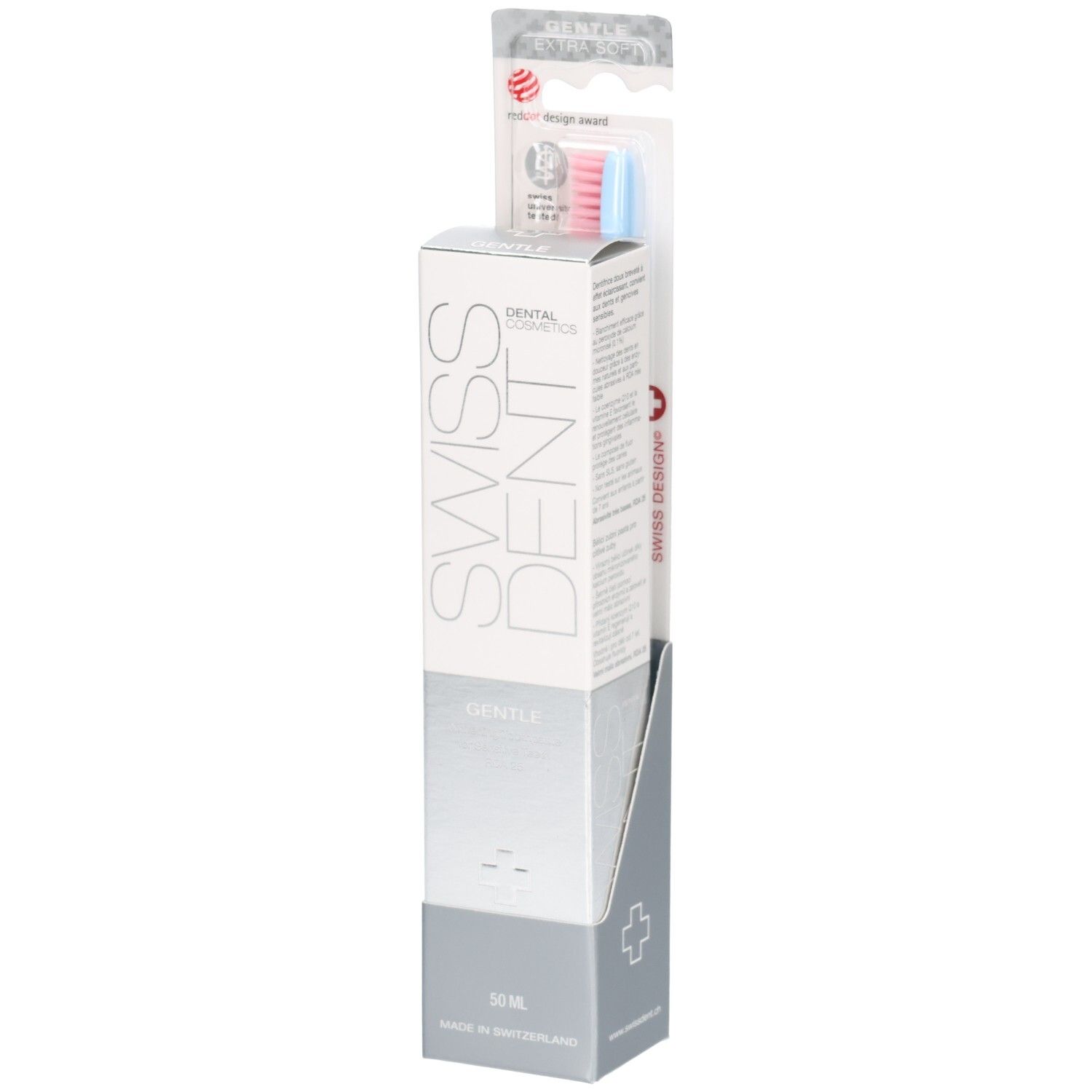 Dentifrice et brosse à dents en présentoir. Logo SWISSDENT. Inscription Gentle. Soies roses et bleues. Red Dot Design Award.