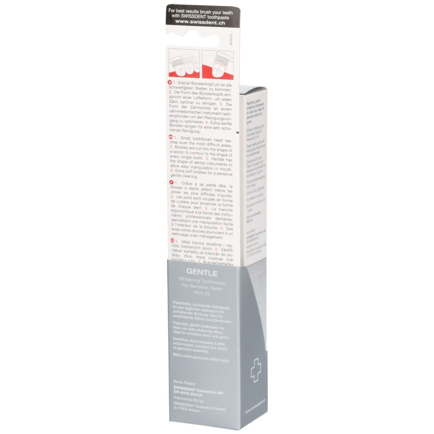 Dos de l'emballage. Texte multilingue. Logo SWISSDENT. Inscription Gentle. Symbole de la croix.