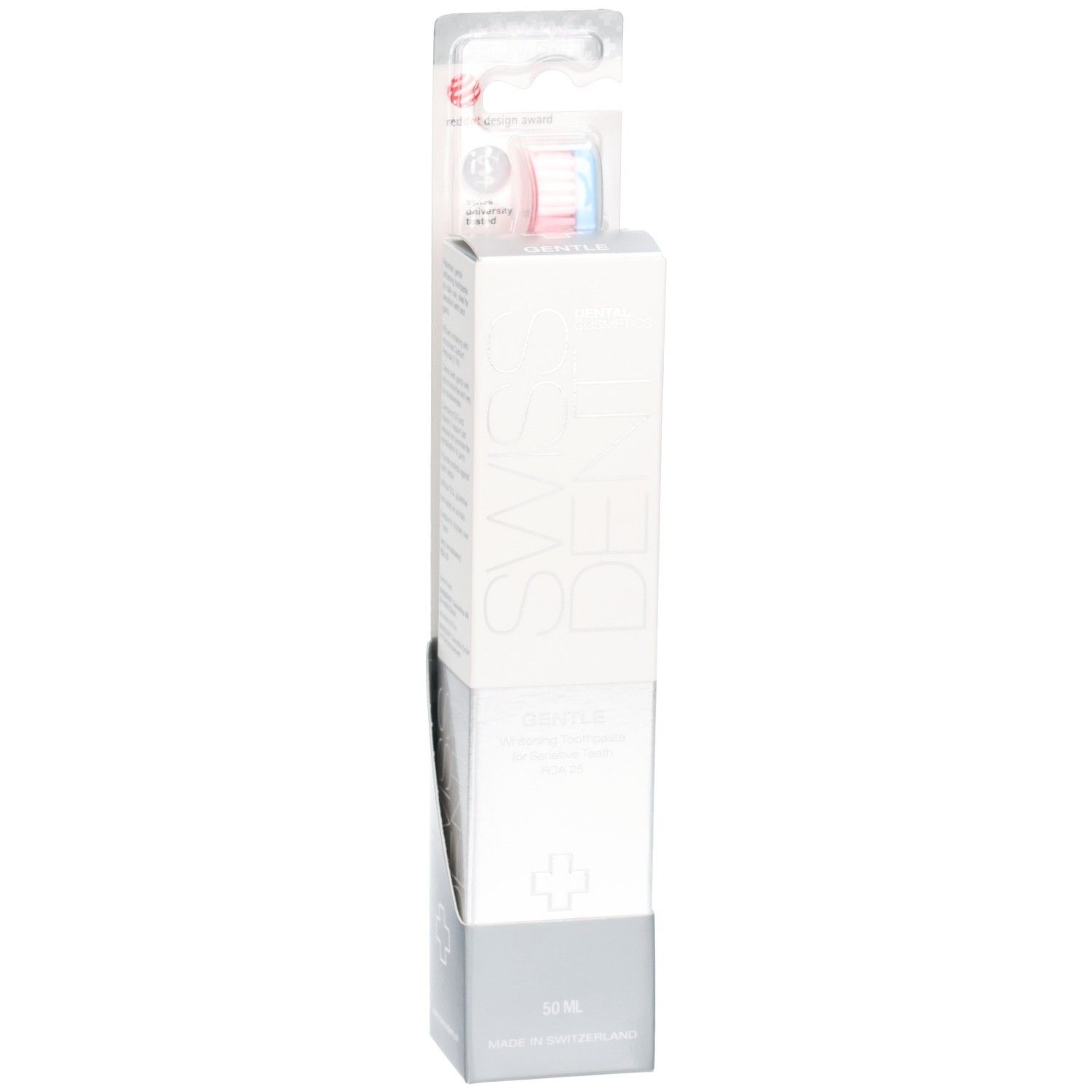 Dentifrice et brosse à dents en présentoir. Logo SWISSDENT. Inscription Gentle. Soies roses et bleues. Red Dot Design Award.