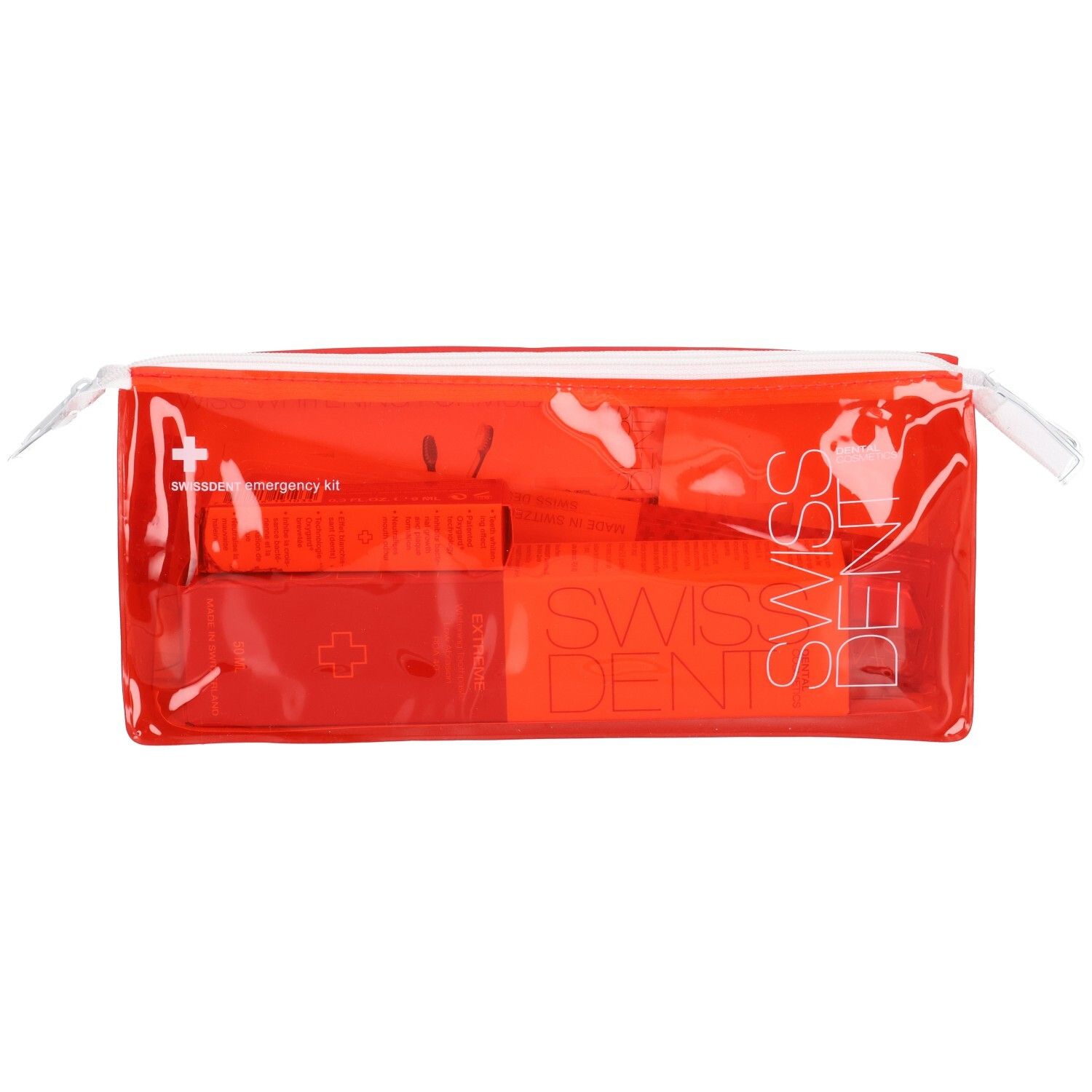 Trousse rouge transparente avec fermeture éclair. Logo et texte SWISSDENT visibles. Contient d'autres produits rouges.