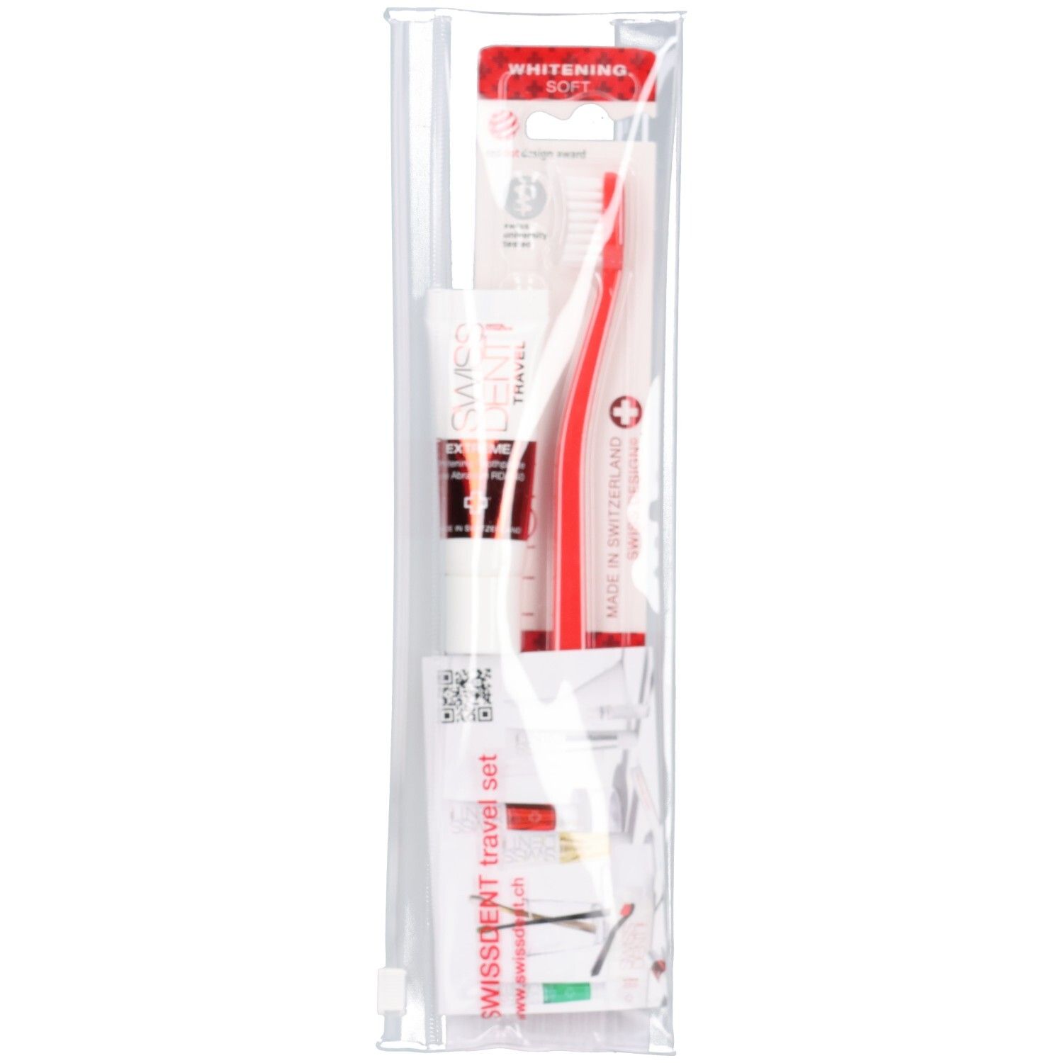 Reise-Set in transparenter Verpackung. Enthält Zahnpasta, Zahnbürste und weitere Artikel. SWISSDENT Travel Set.