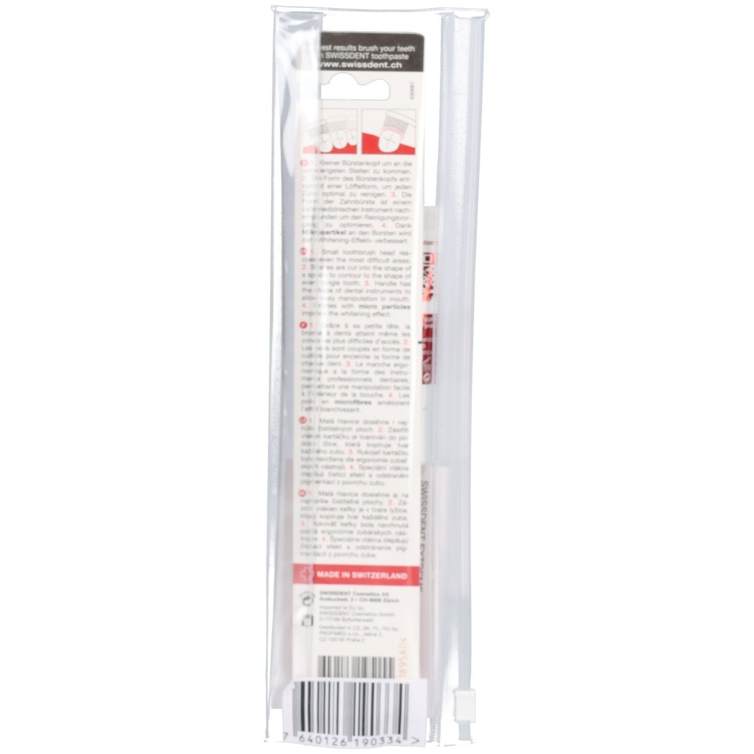 Rückseite des Reise-Sets in transparenter Verpackung. Enthält Textinformationen und Barcode. Hergestellt in der Schweiz.