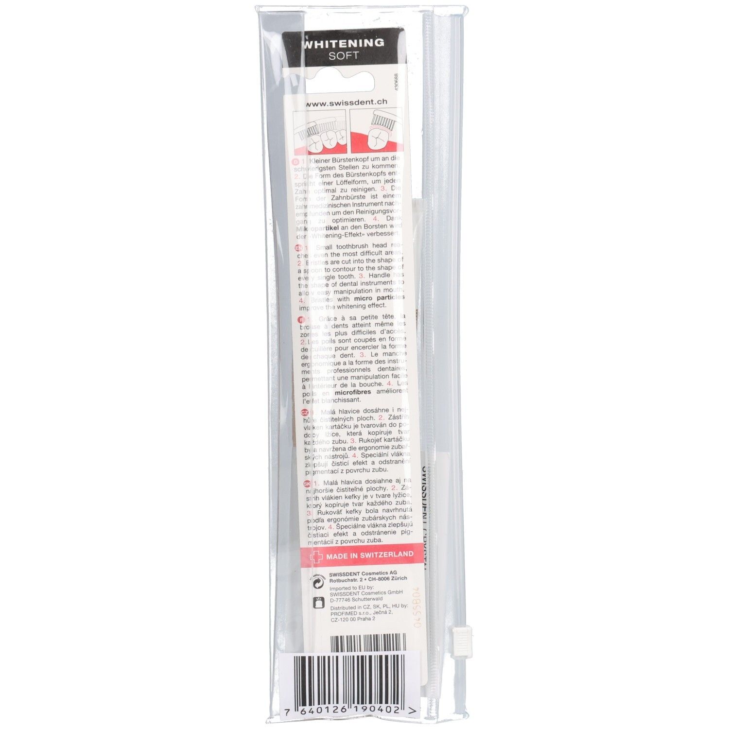 Transparente Verpackung mit Zahnbürste. Aufdruck: WHITENING SOFT, Made in Switzerland. Barcode und Text in mehreren Sprachen.