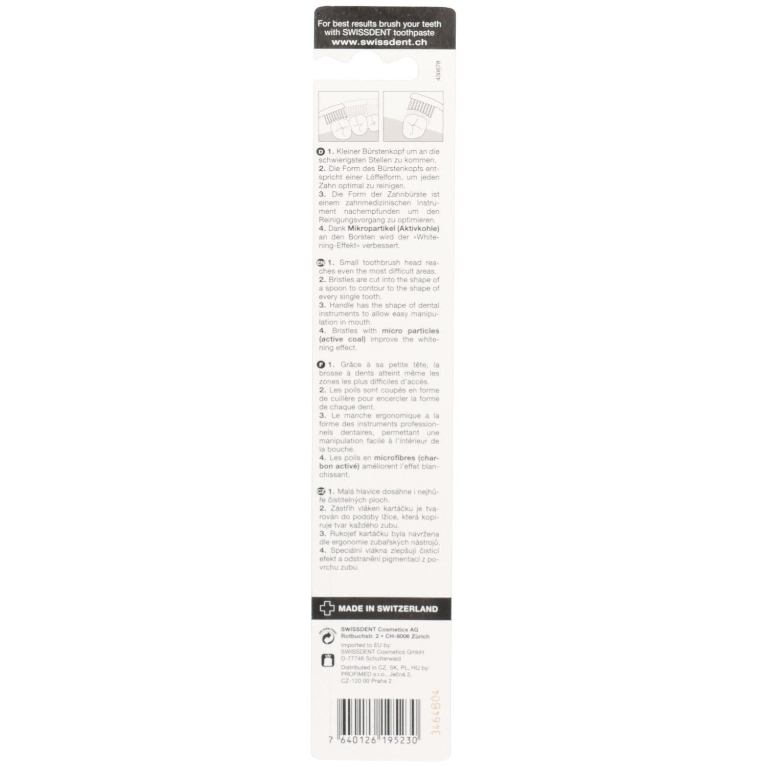 Dos de l'emballage du produit. Texte multilingue, instructions et code-barres.