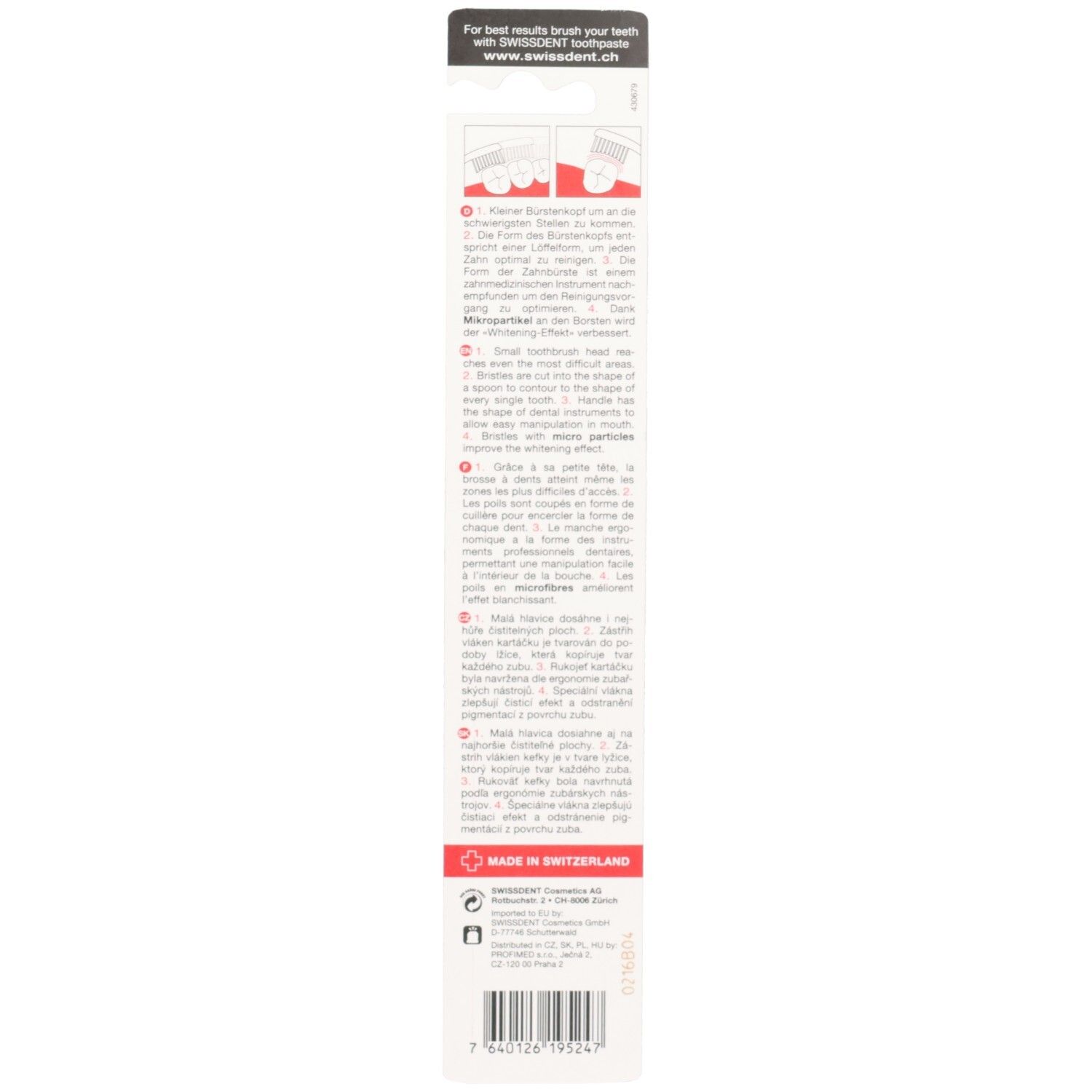 Rückseite der Zahnbürstenverpackung. Text in mehreren Sprachen. Barcode und Logo.