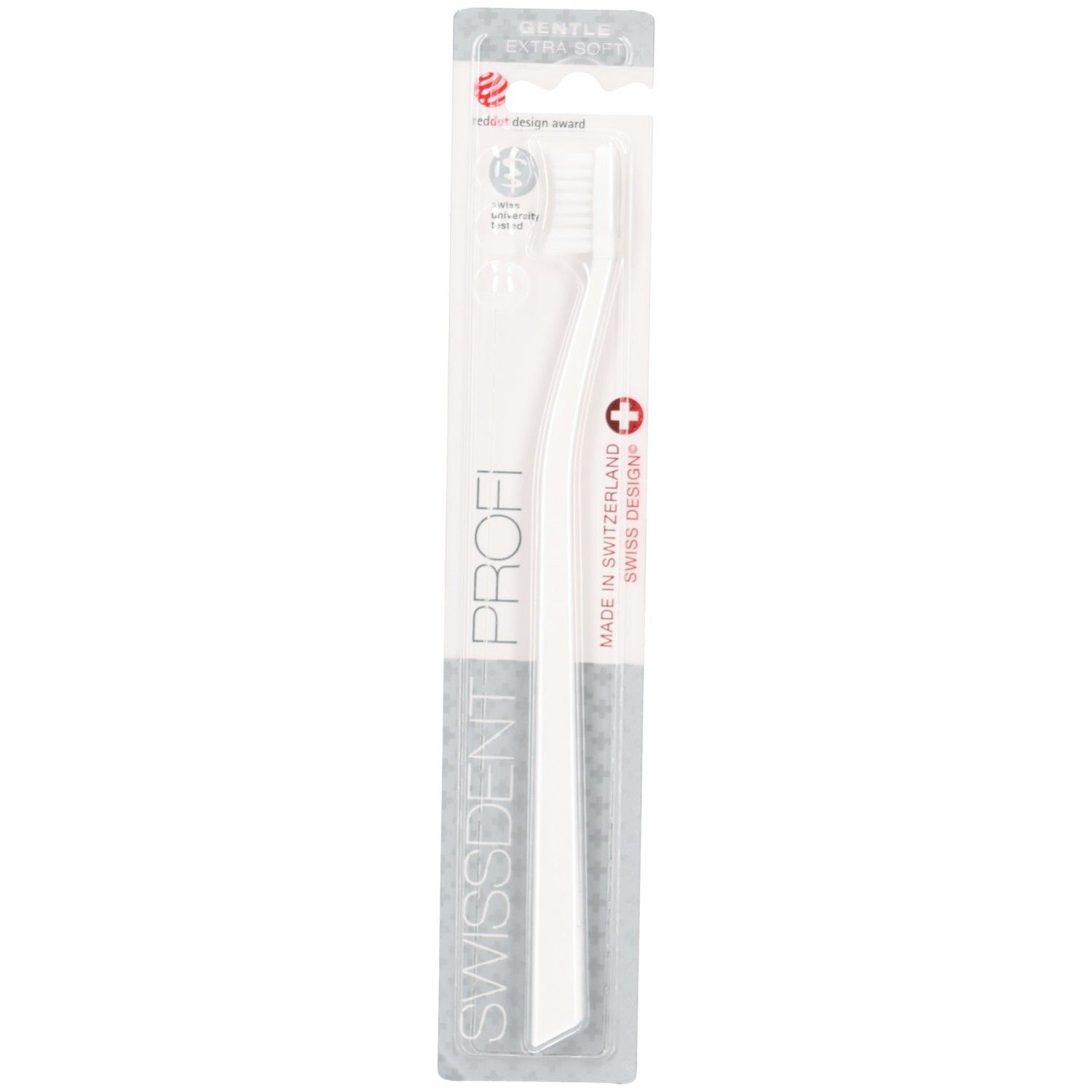 Weiße Zahnbürste in transparenter Verpackung. SWISSDENT PROFI Schriftzug. Roter Punkt mit Kreuz. "MADE IN SWITZERLAND".