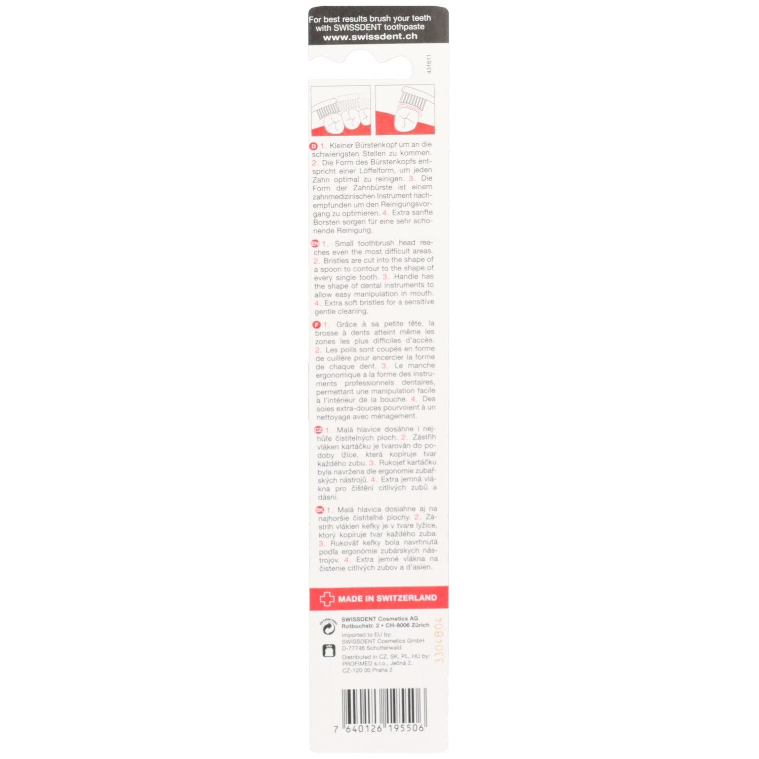 Rückseite der Zahnbürstenverpackung. Text in mehreren Sprachen. Rotes Kreuz mit "MADE IN SWITZERLAND". Barcode.