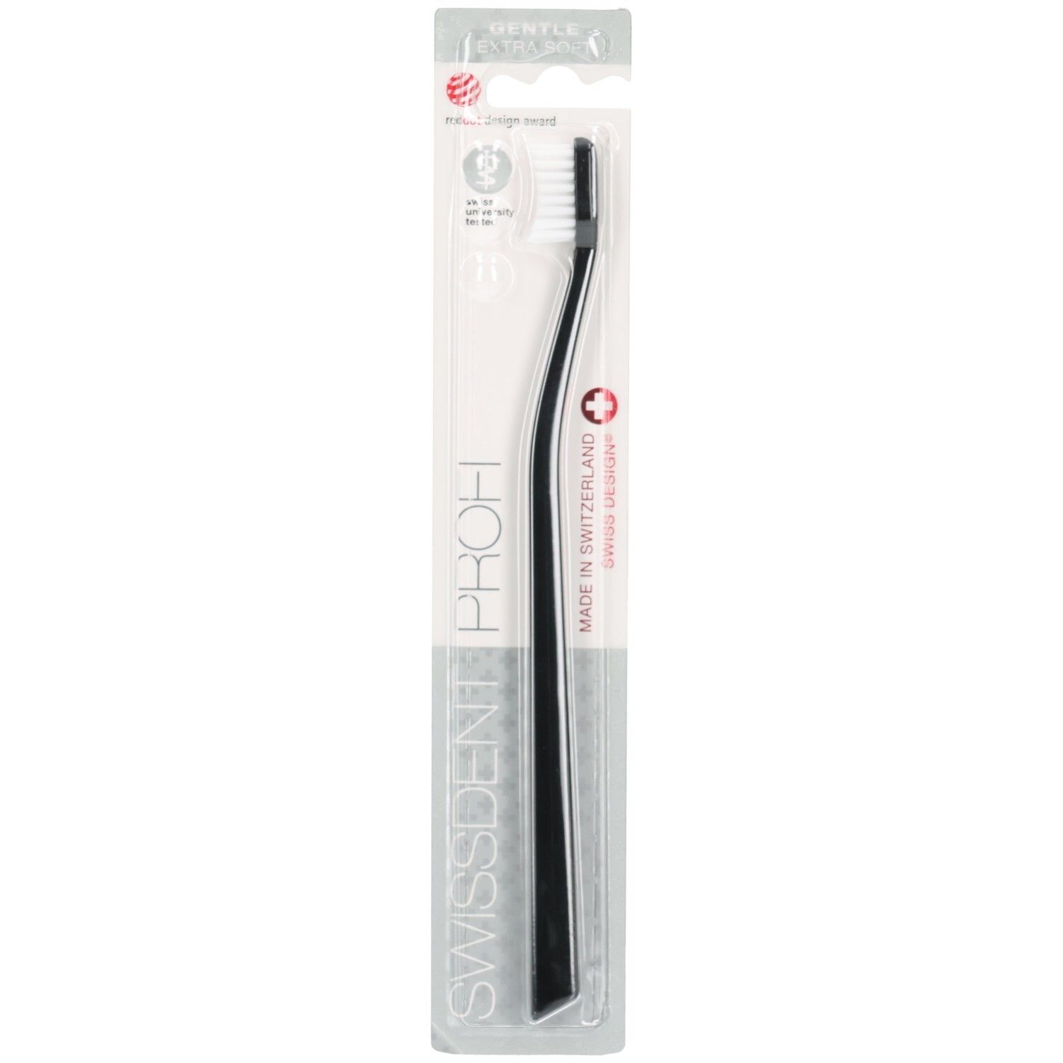 Schwarze Zahnbürste SWISSDENT GENTLE CLASSIC PROFI in Blisterverpackung. Schwarzer Griff, weißer Bürstenkopf. Roter Punkt.