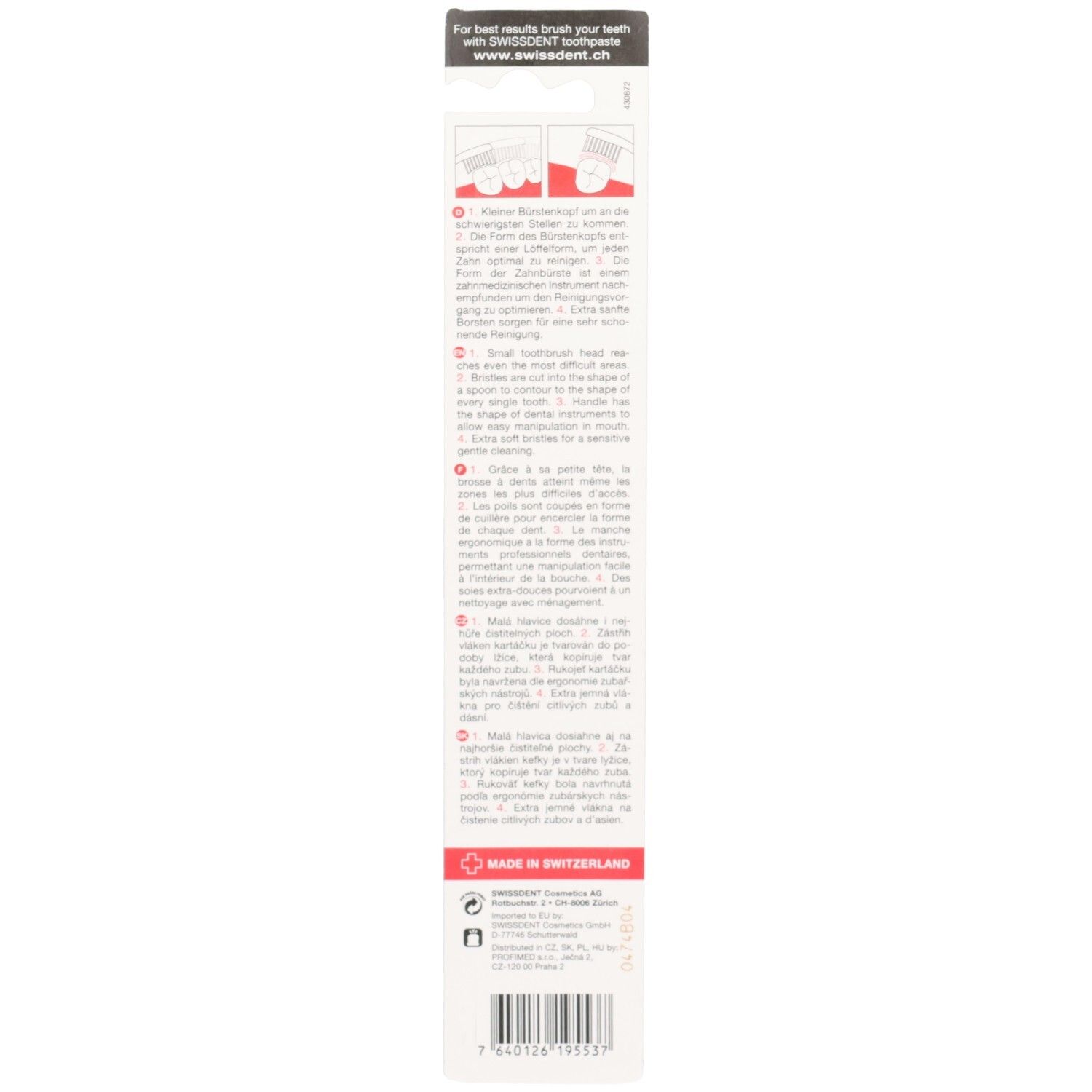 Rückseite der SWISSDENT GENTLE CLASSIC PROFI Zahnbürstenverpackung. Text in Deutsch, Französisch, Italienisch, Englisch. Hergestellt in der Schweiz.