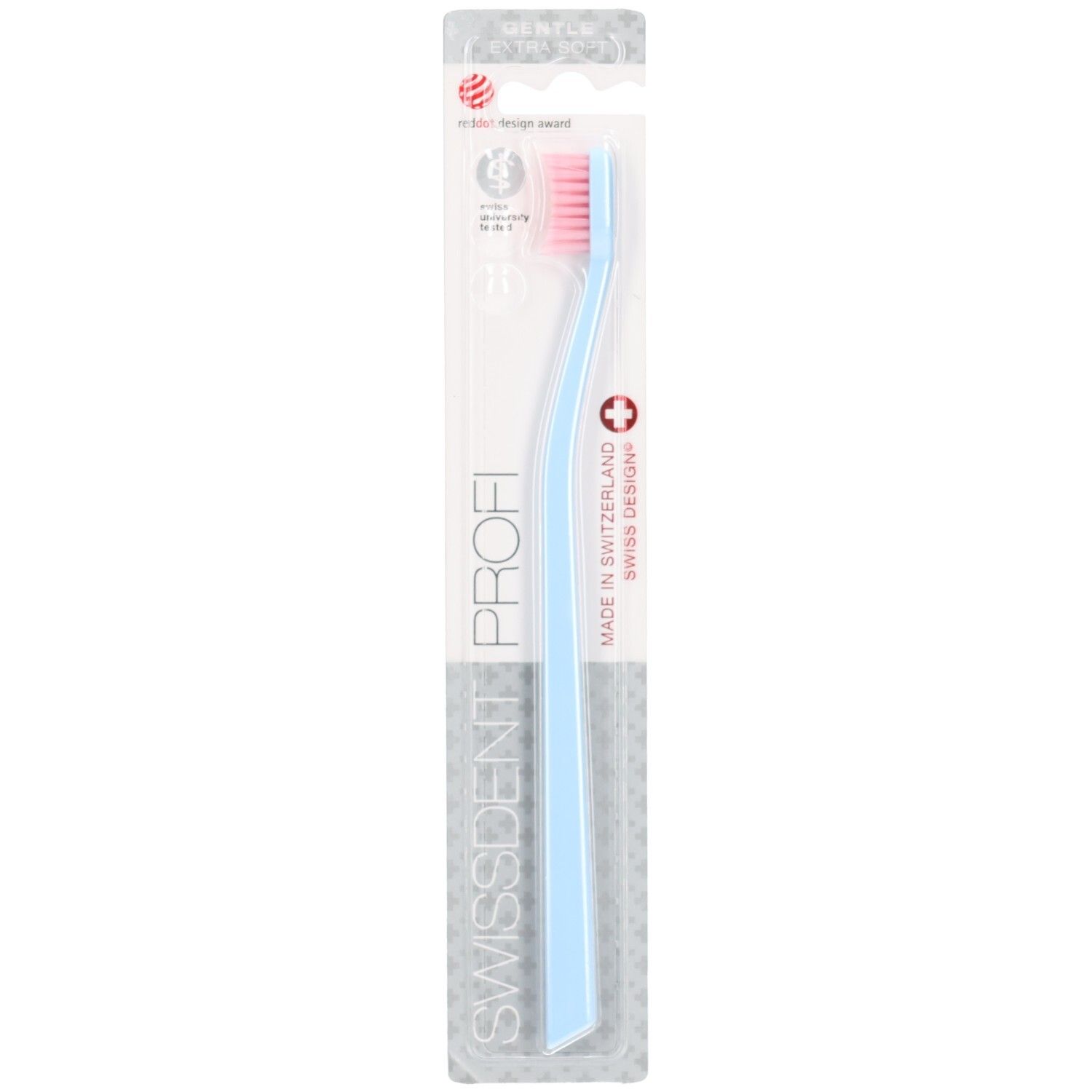 Zahnbürste, hellblau, rosa Borsten, transparente Verpackung. SWISSDENT PROFI, Made in Switzerland, Red Dot Design Award.