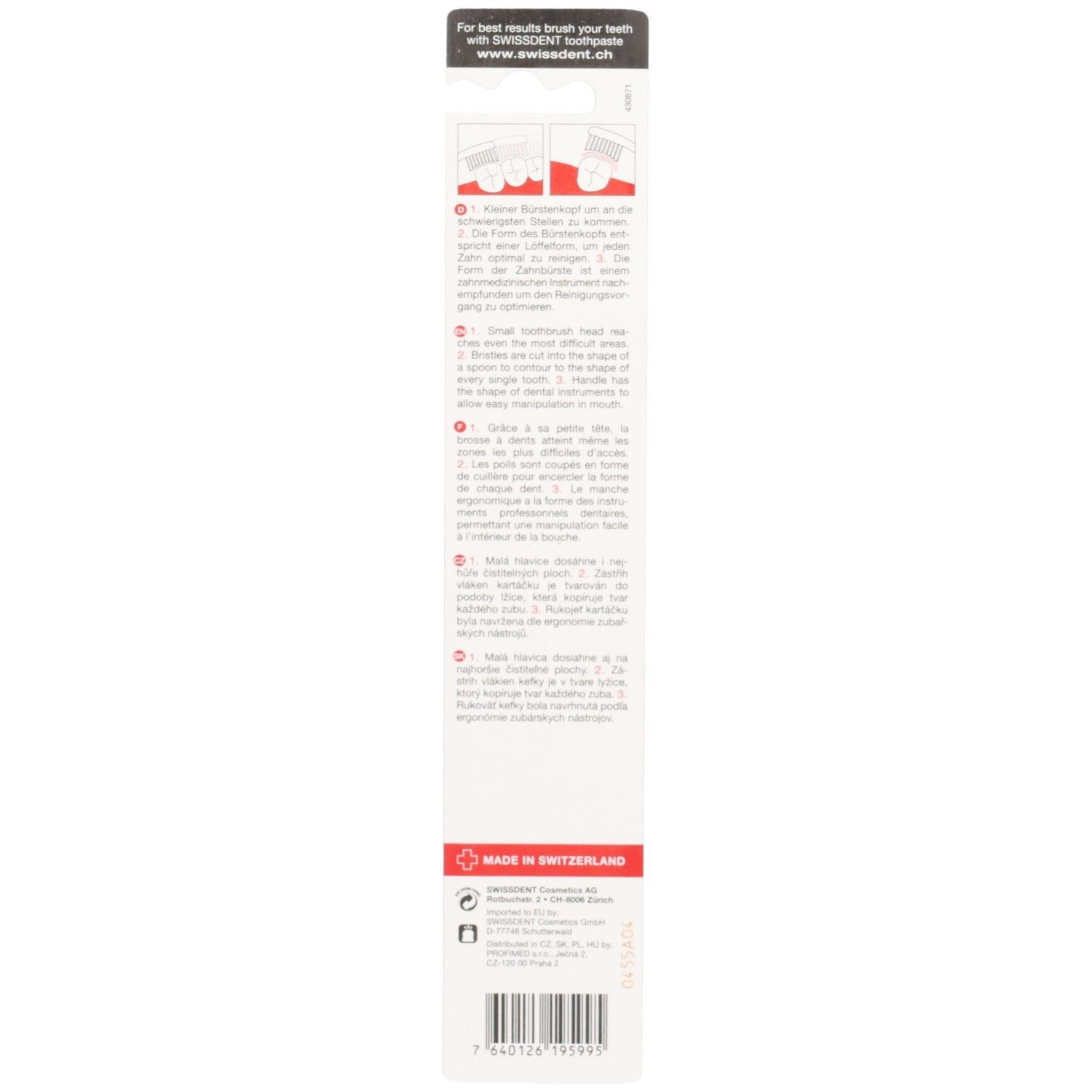 Rückseite der Verpackung. Text: Made in Switzerland. Illustrationen und Text zur Anwendung.