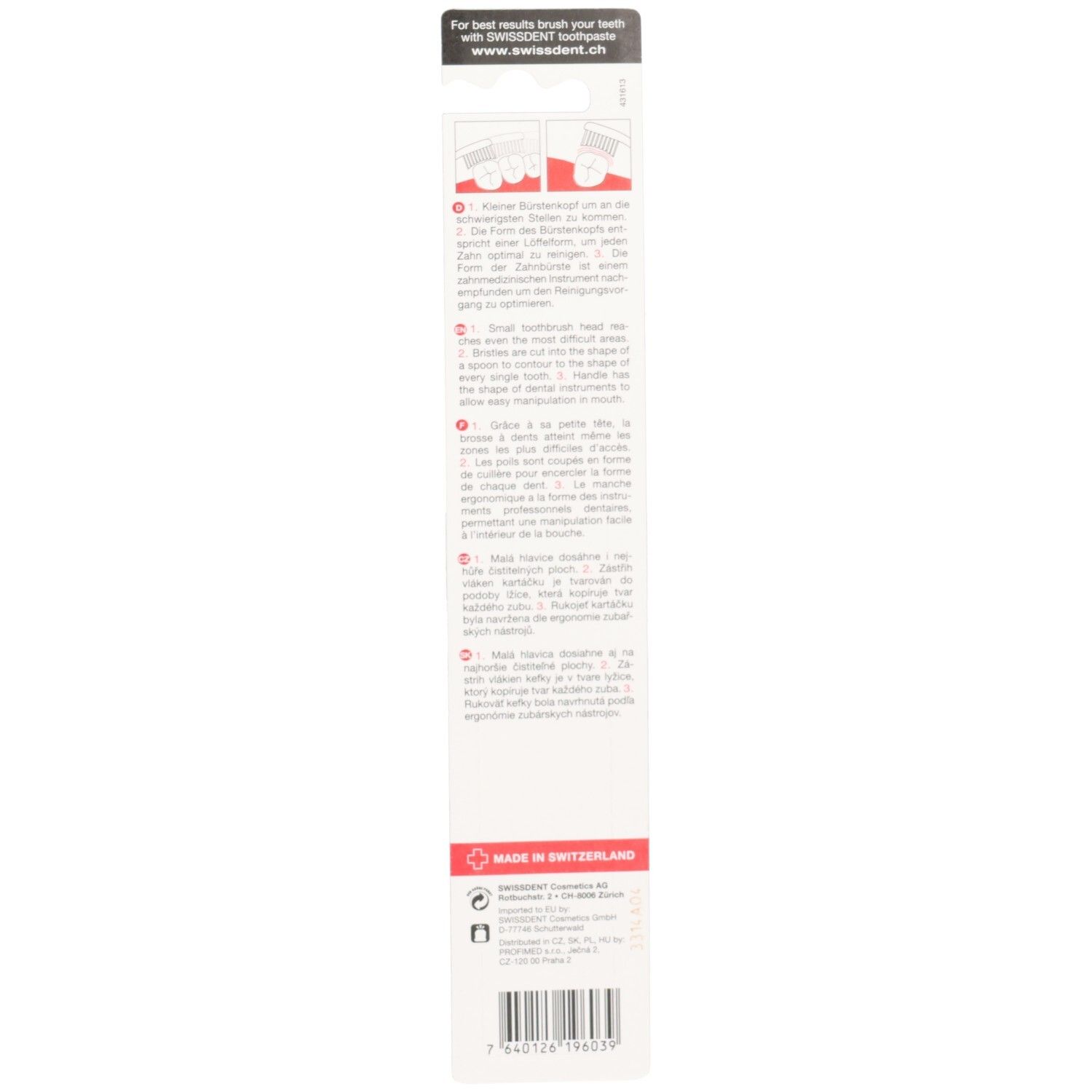Rückseite der Blisterverpackung. Text und Illustrationen. Aufschrift: MADE IN SWITZERLAND. Barcode und Logo.
