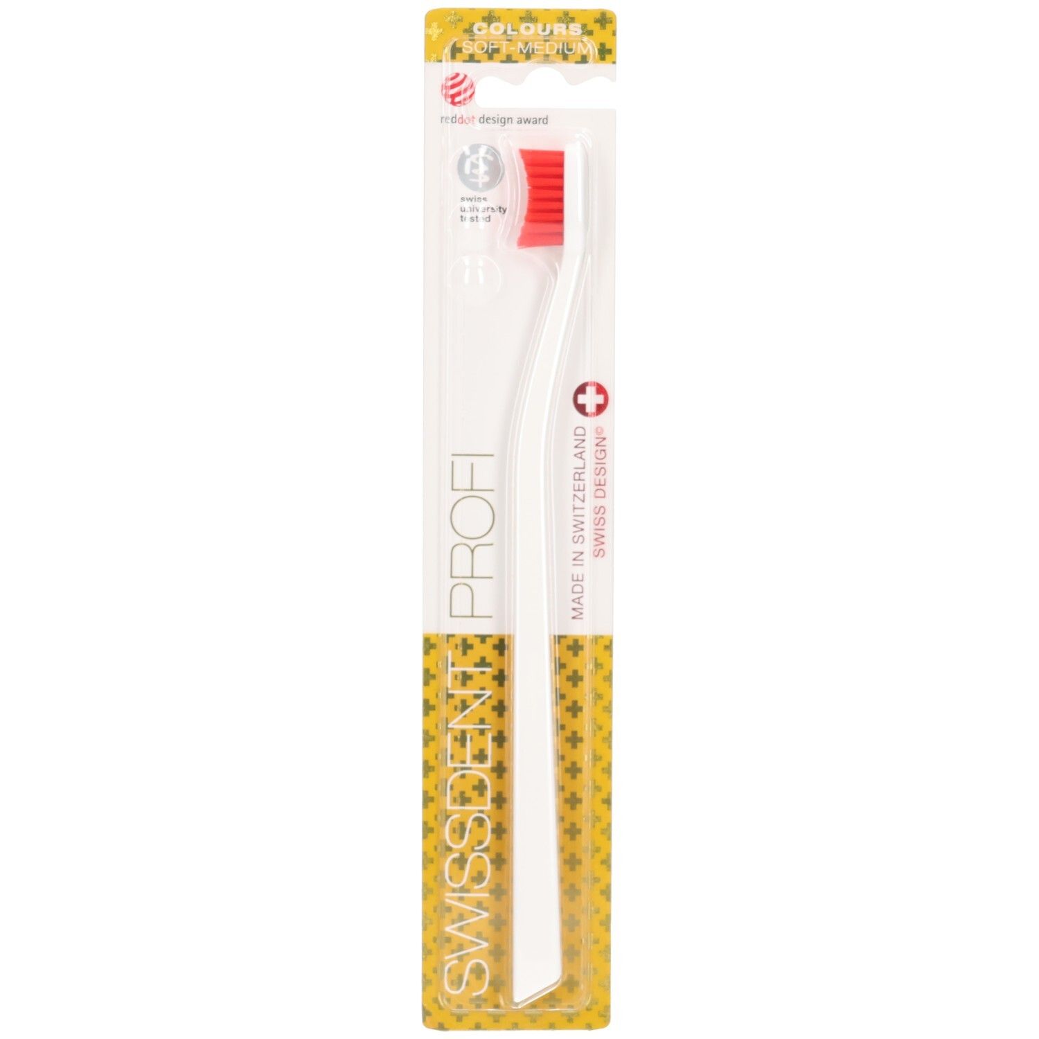 Brosse à dents blanche et tête rouge, emballée. Inscriptions: SWISSDENT, PROFI, COLOURS, Swiss Design.
