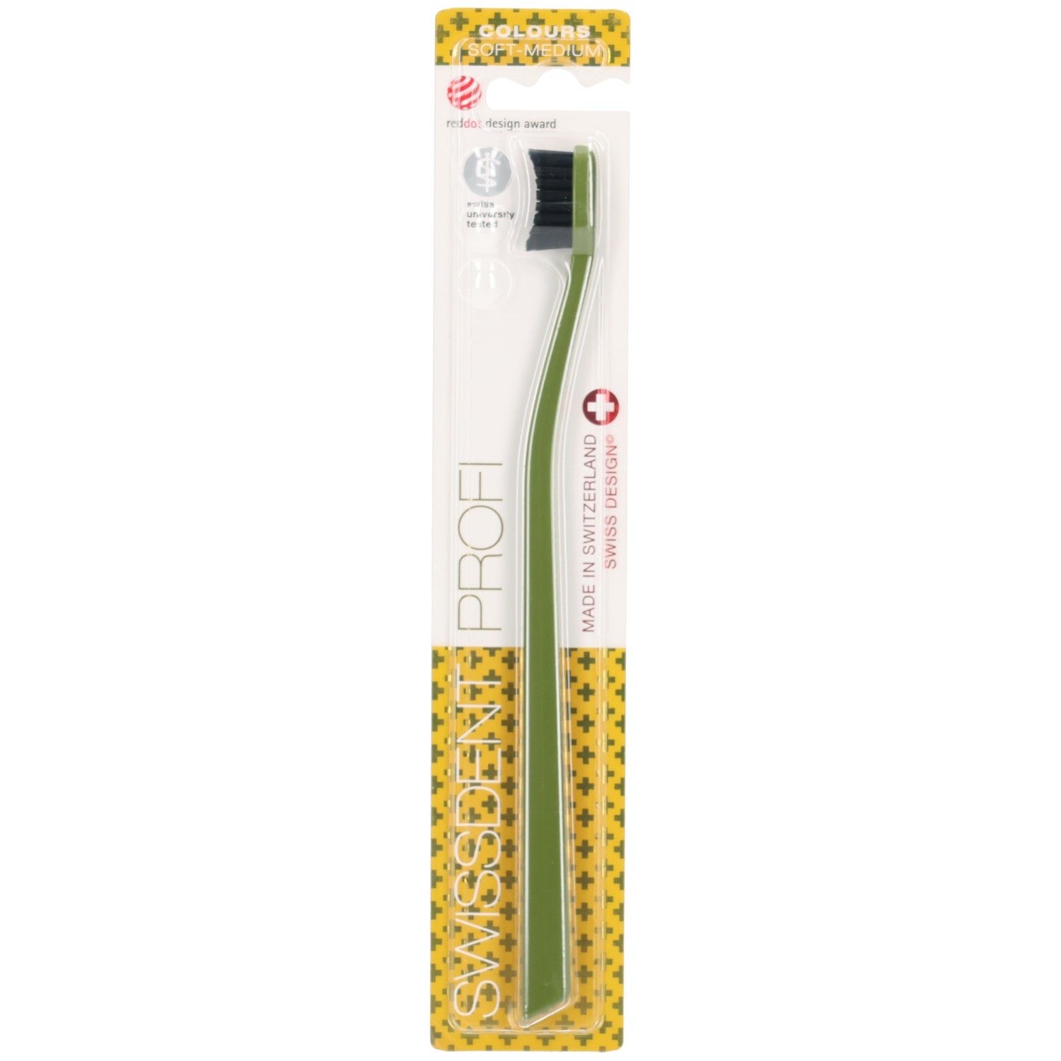 Zahnbürste mit grünem Griff und schwarzem Bürstenkopf in Verpackung. Aufdruck: SWISSDENT, PROFI, COLOURS.