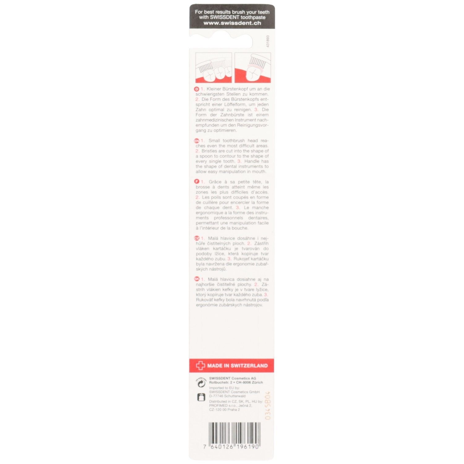 Rückseite der Zahnbürstenverpackung. Text in Deutsch, Englisch und Französisch. Hergestellt in der Schweiz.
