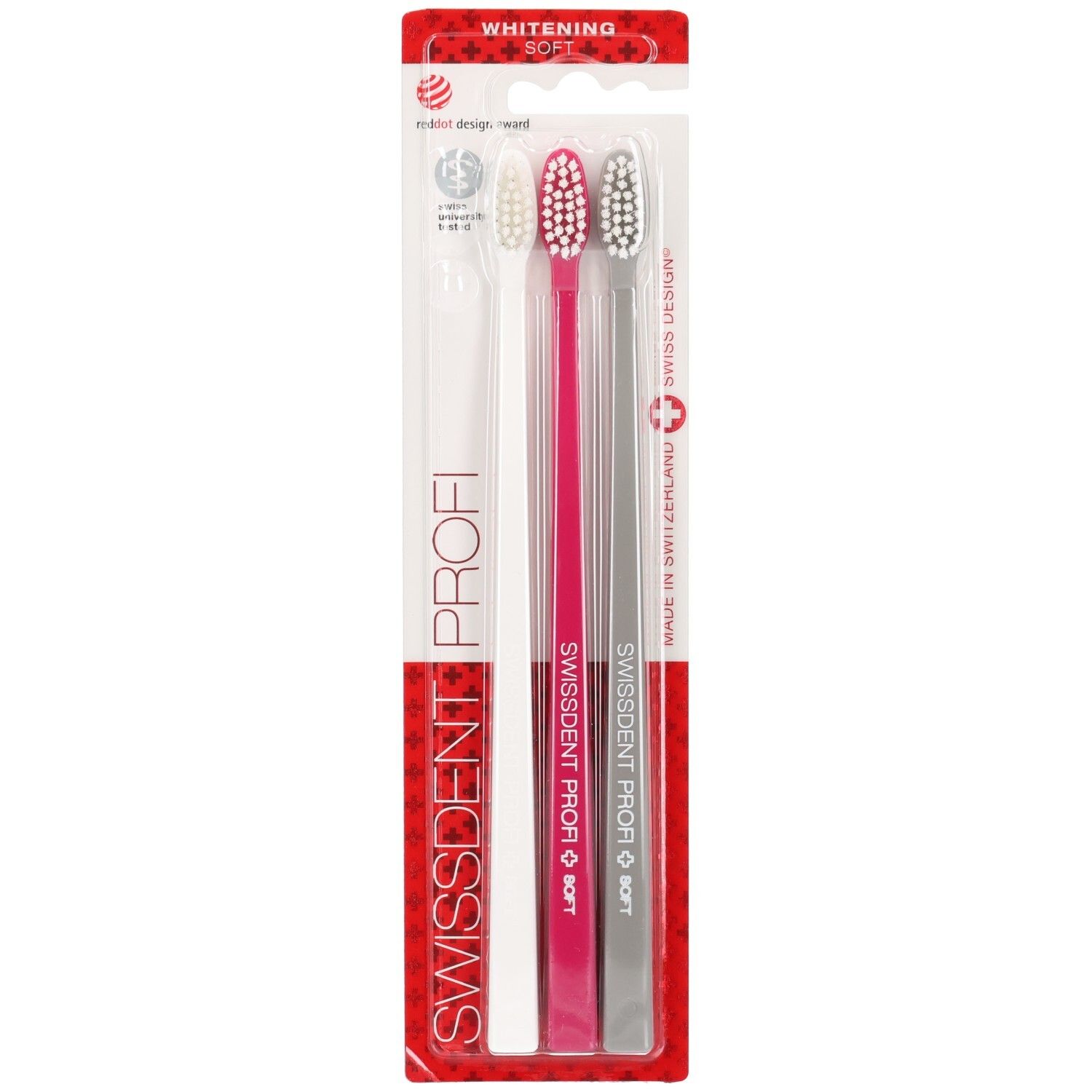 Zahnbürsten-Set. Drei Bürsten in Weiß, Pink und Grau. SWISSDENT PROFI, WHITENING SOFT. Verpackung mit rotem Hintergrund.