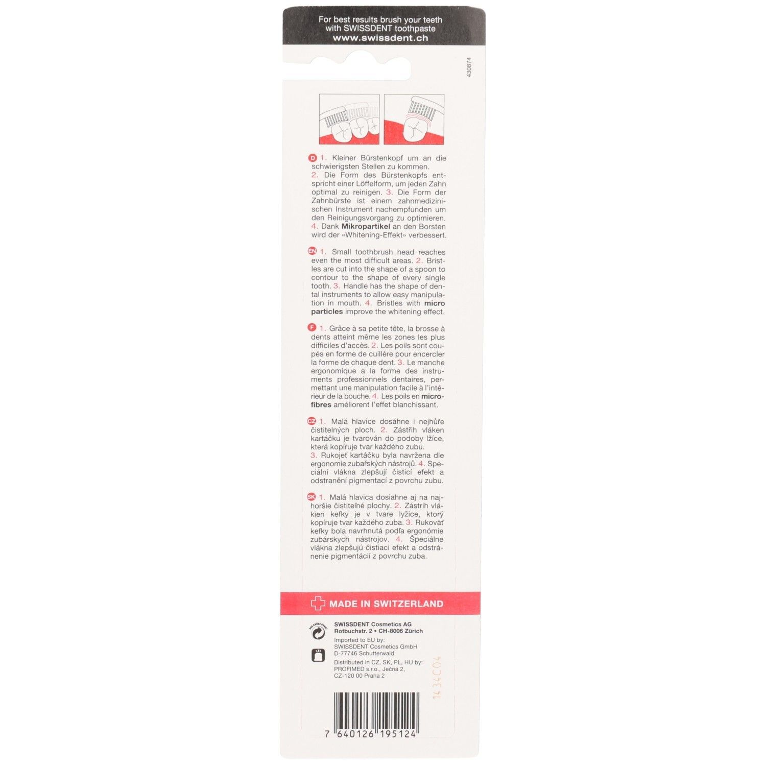 Rückseite der Zahnbürstenverpackung. Text in Deutsch, Englisch und Französisch. MADE IN SWITZERLAND. Illustrationen.