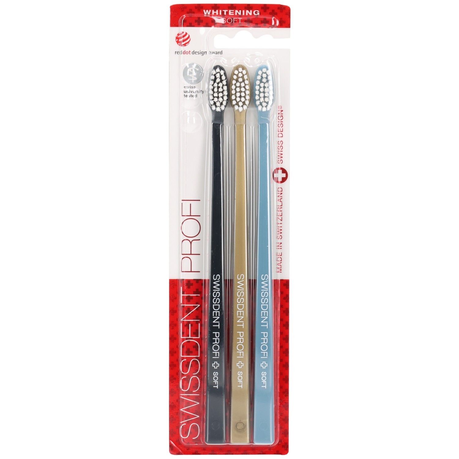 Zahnbürsten-Set. Vier Bürsten in Schwarz, Gold und Blau. Verpackung mit rotem Akzent und Produktnamen.