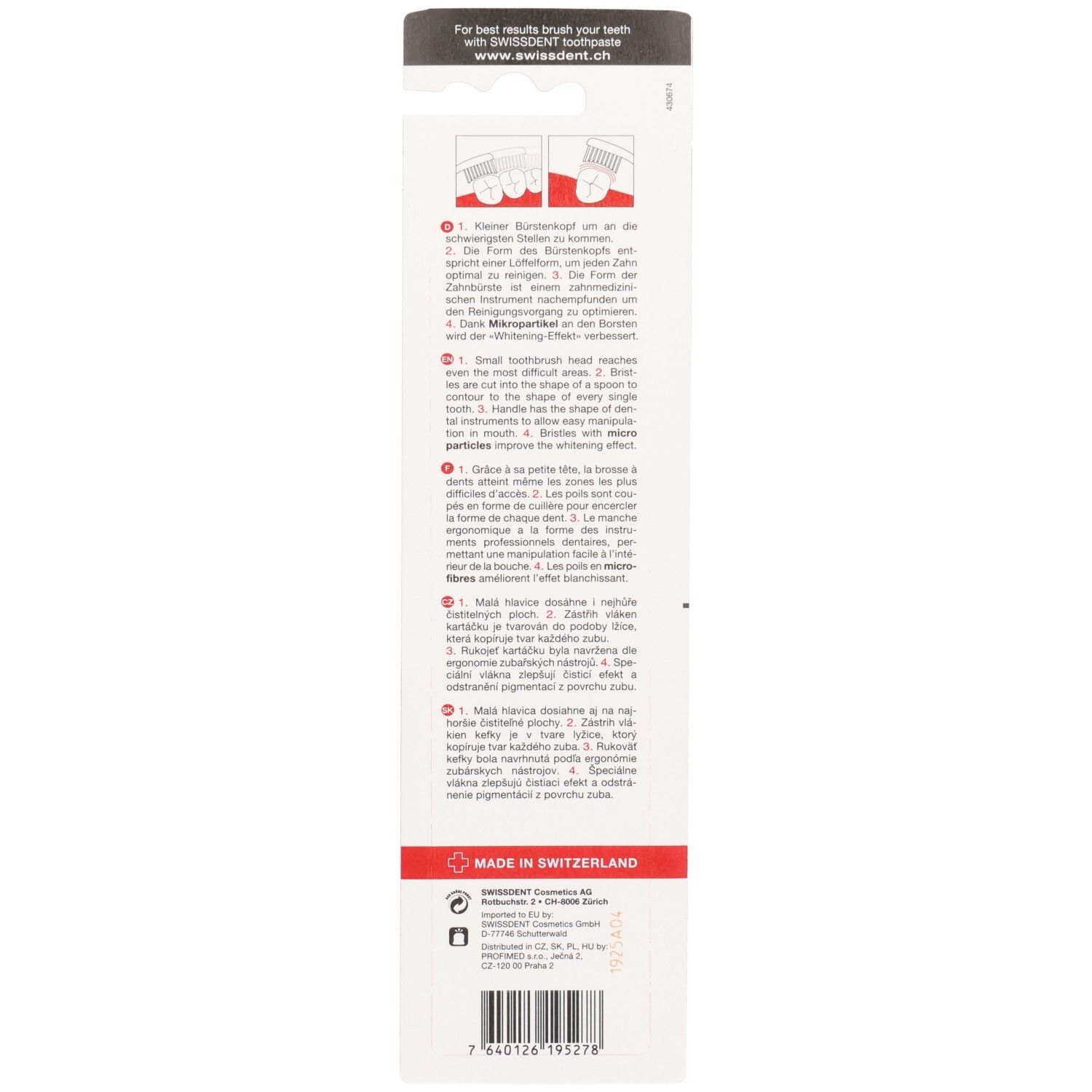 Rückseite der Zahnbürstenverpackung. Text in mehreren Sprachen. Hergestellt in der Schweiz.