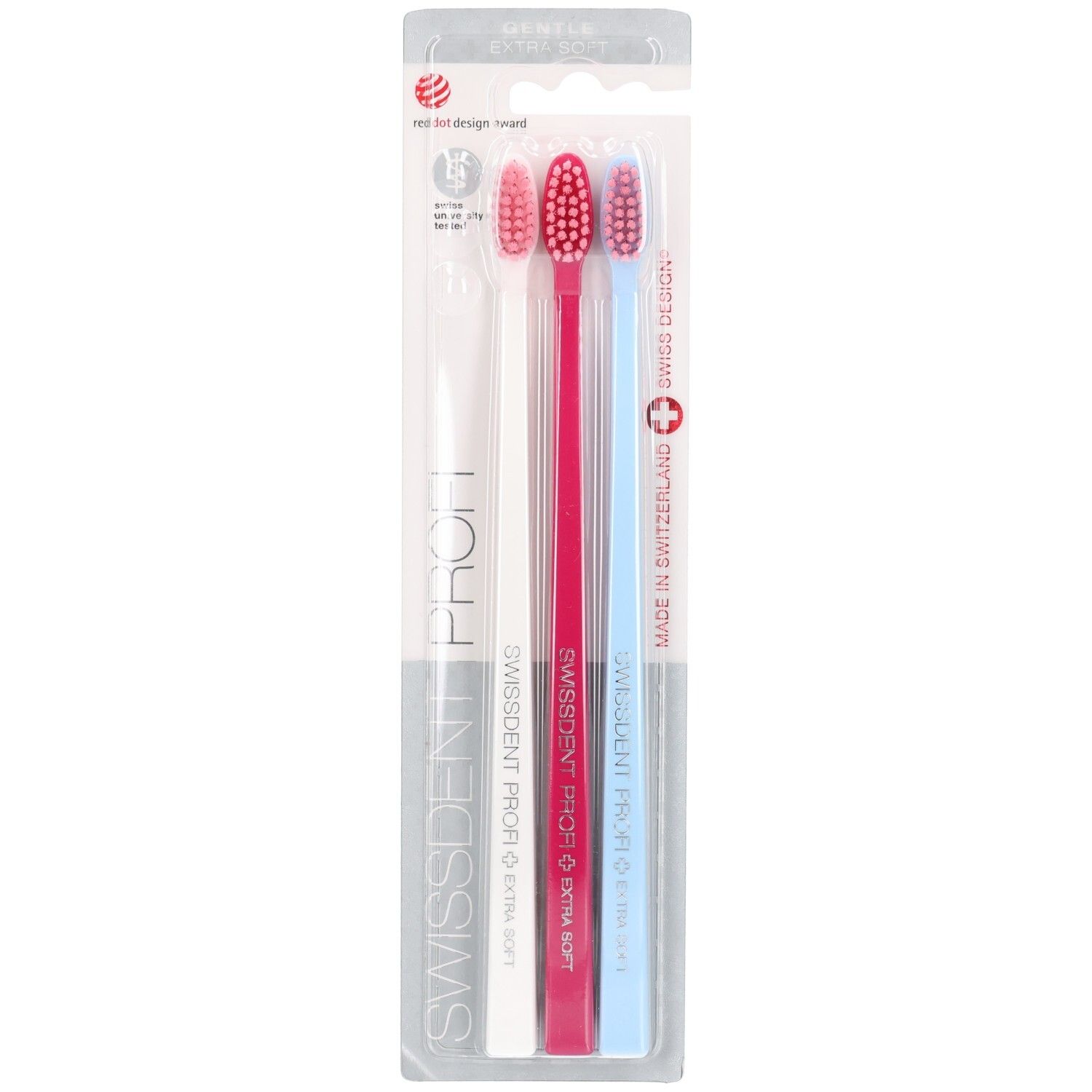 Zahnbürsten-Set. Drei Bürsten: weiß, pink, blau. SWISSDENT PROFI. Extra Soft. Verpackung mit rotem Design-Award-Logo.