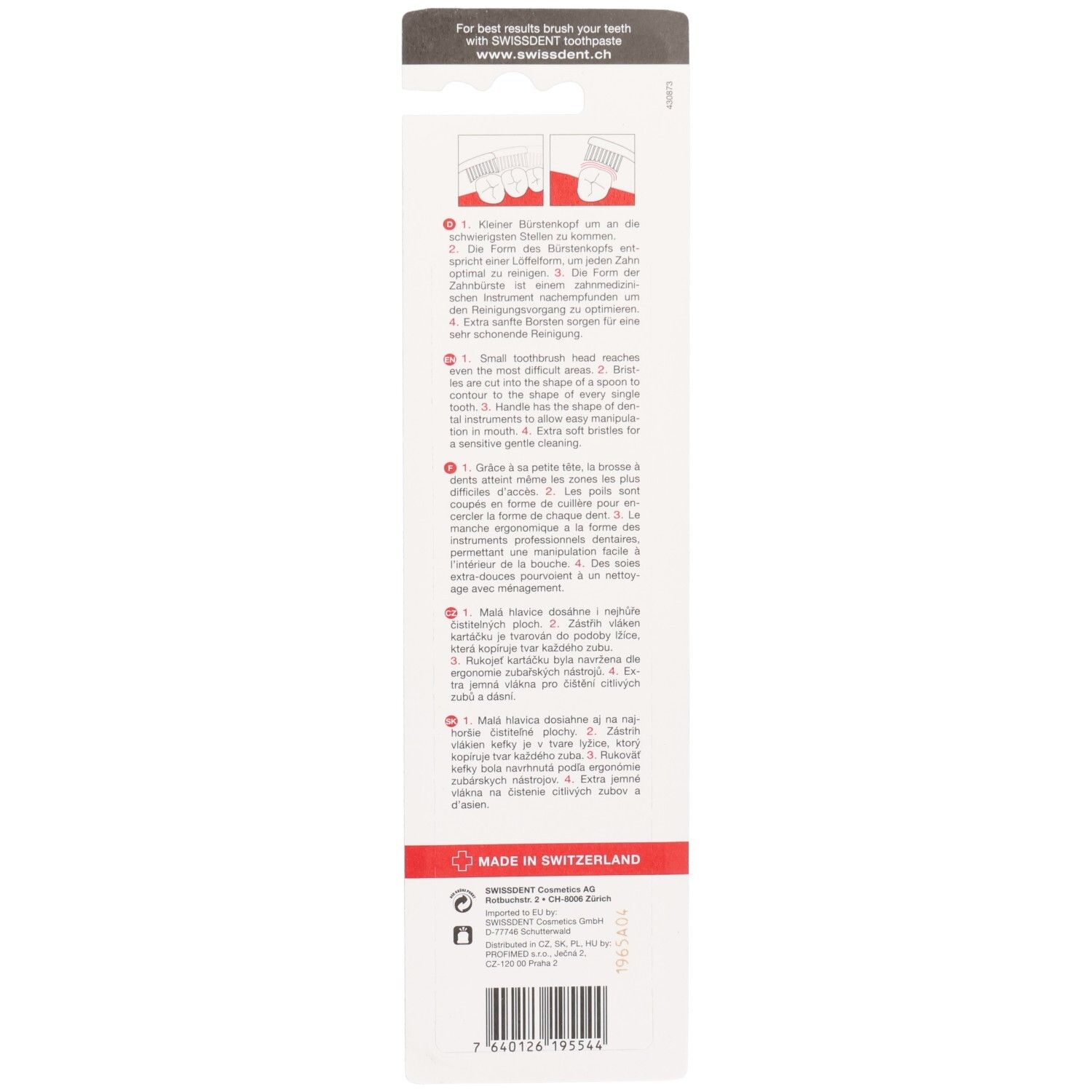 Rückseite der Zahnbürstenverpackung. Text in Deutsch, Englisch, Französisch, Italienisch. Hergestellt in der Schweiz.