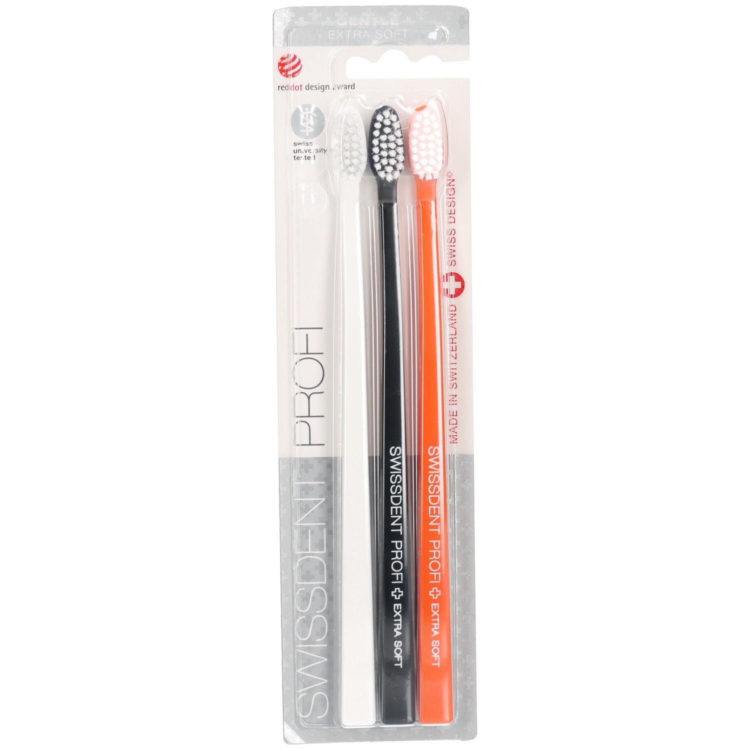 Zahnbürsten-Set. Drei Bürsten: weiß, schwarz, orange. SWISSDENT PROFI. Extra Soft. Verpackung mit rotem Design-Award-Logo.