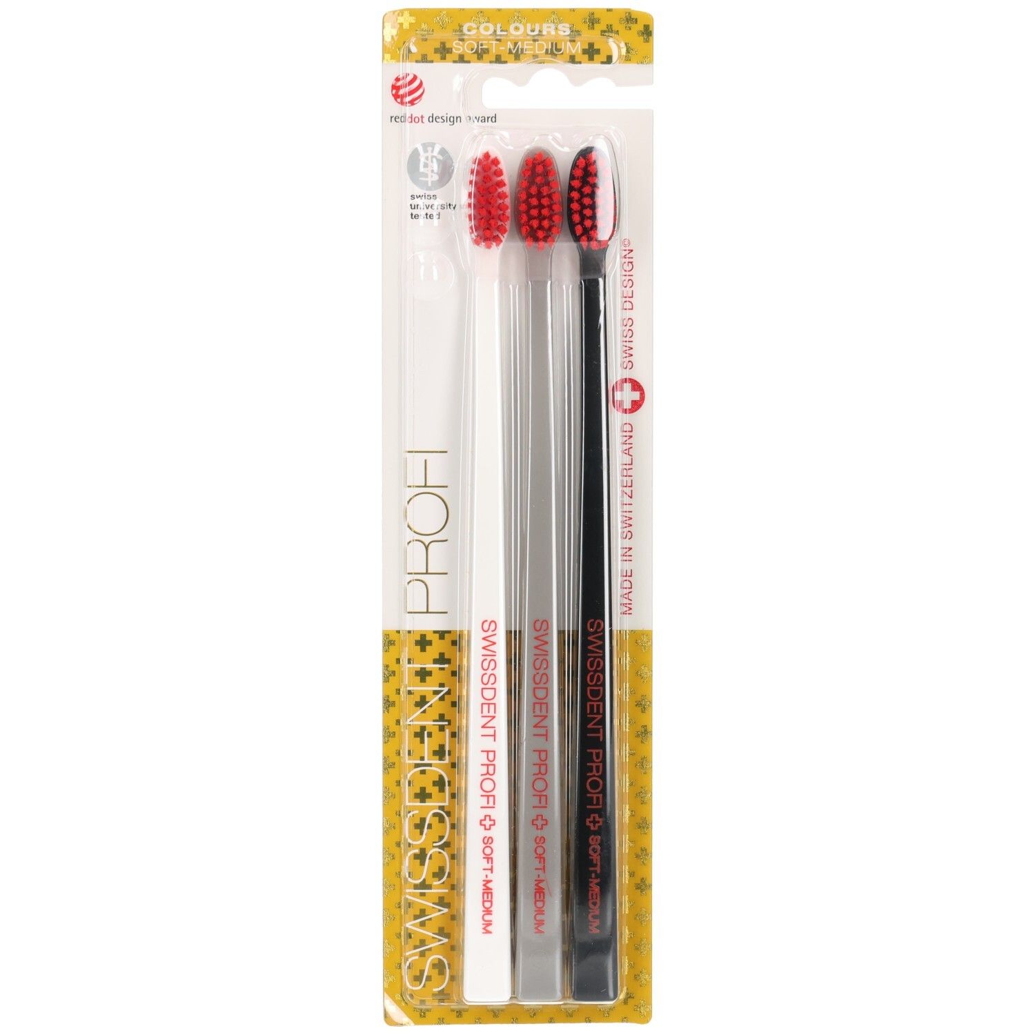 Ensemble de brosses à dents SWISSDENT COLOURS LUGANO. Trois brosses : blanche, grise, noire. Soies rouges. Emballage.