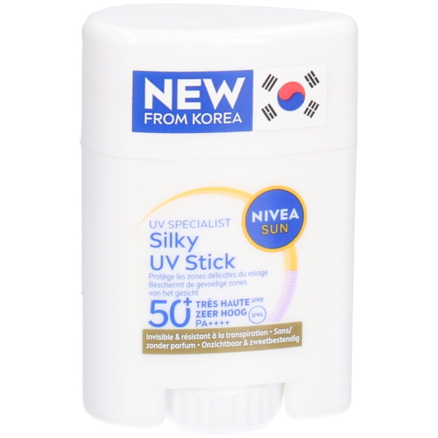 Weißer UV-Stick mit blauer und gelber Beschriftung. Aufschrift: NIVEA SUN, UV Specialist Silky UV Stick 50+.