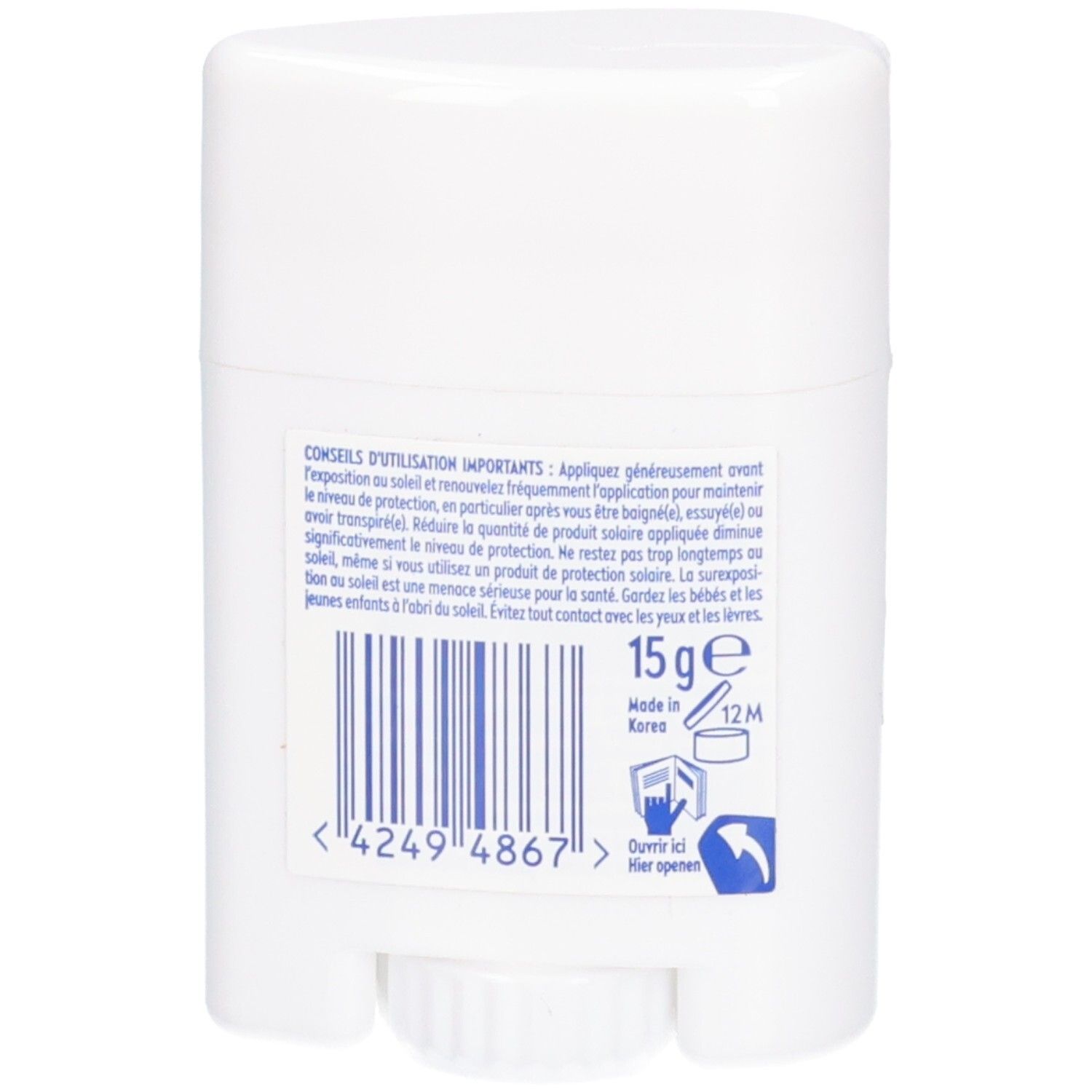 Rückseite des weißen UV-Sticks. Text: Anwendungshinweise, 15g, Barcode, Hergestellt in Korea.