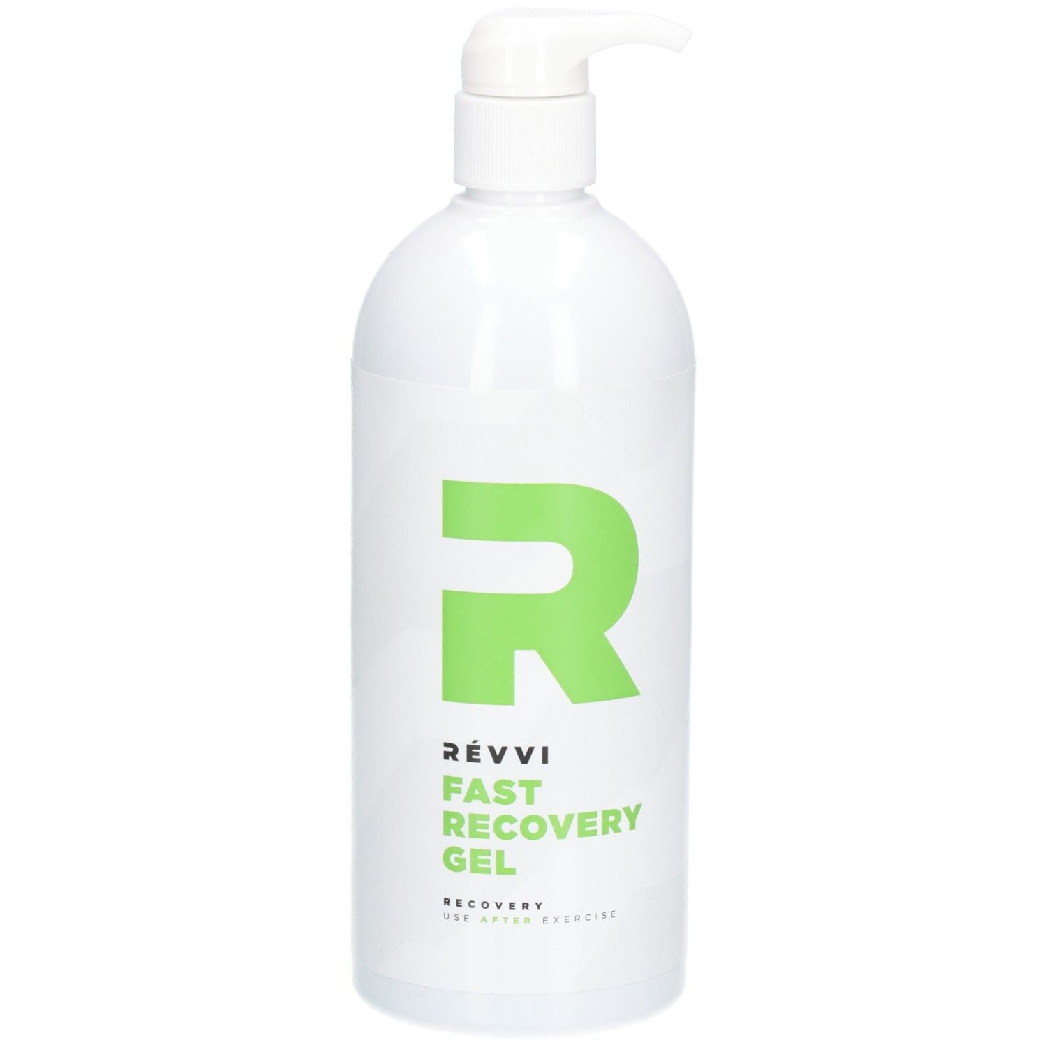 Weiße Flasche mit grünem "R"-Logo und Aufschrift RÉVVI FAST RECOVERY GEL. Pumpverschluss.