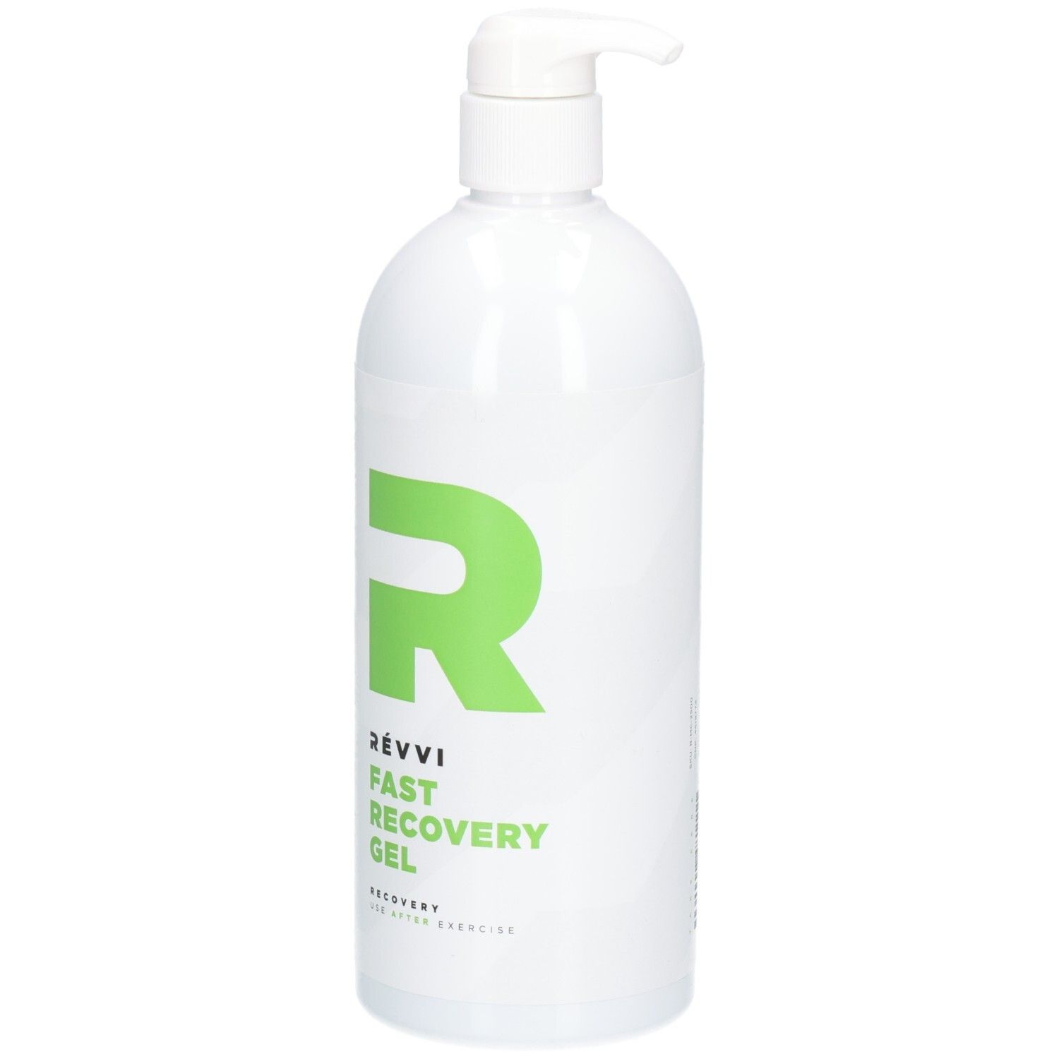 Weiße Flasche mit grünem "R"-Logo und Aufschrift RÉVVI FAST RECOVERY GEL. Pumpverschluss.
