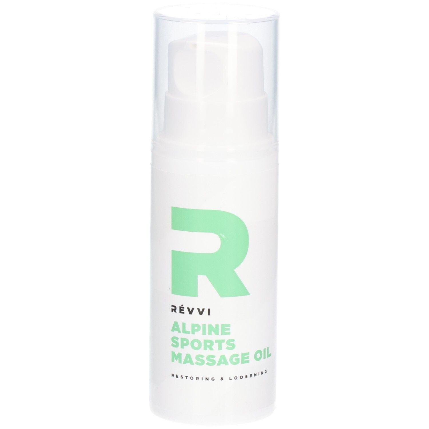 Flacon blanc avec logo et texte verts. Inscription : RÉVVI, ALPINE SPORTS MASSAGE OIL. Bouchon transparent.