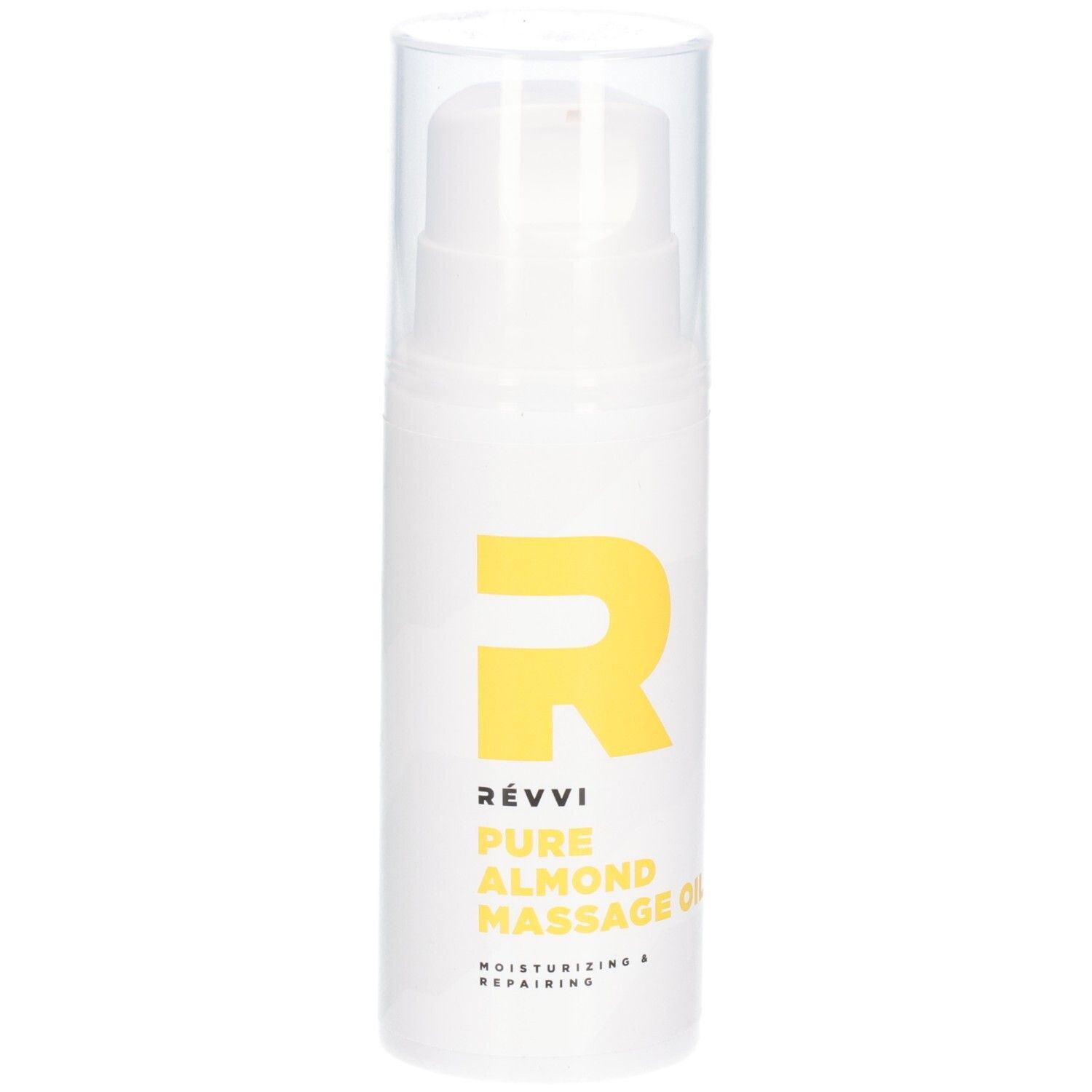 Weiße Flasche mit gelbem Logo und Text. Aufschrift: RÉVVI Pure Almond Massage Oil. Mit Spenderkopf.