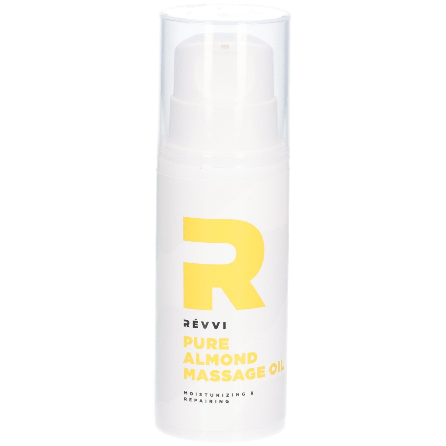 Weiße Flasche mit gelbem Logo und Text. Aufschrift: RÉVVI Pure Almond Massage Oil. Mit Spenderkopf.