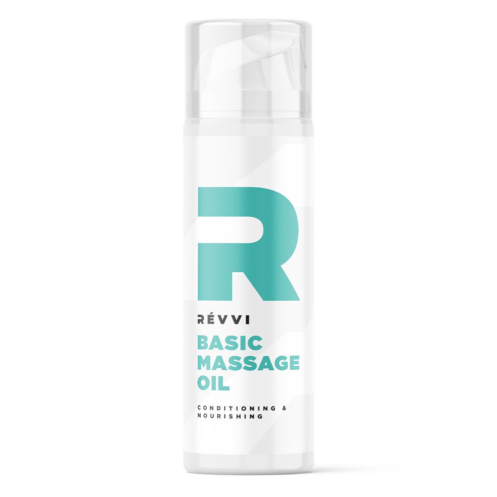 Flacon blanc avec pompe. Logo et texte turquoise : RÉVVI Basic Massage Oil. Inscription : Conditioning & Nourishing.