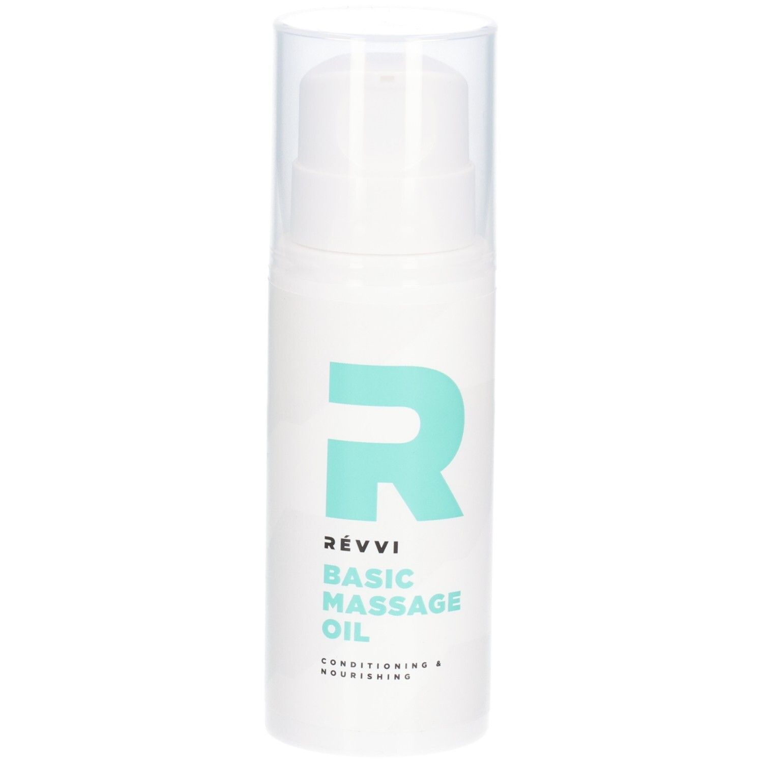 Flacon blanc avec pompe. Logo et texte turquoise : RÉVVI Basic Massage Oil. Inscription : Conditioning & Nourishing.
