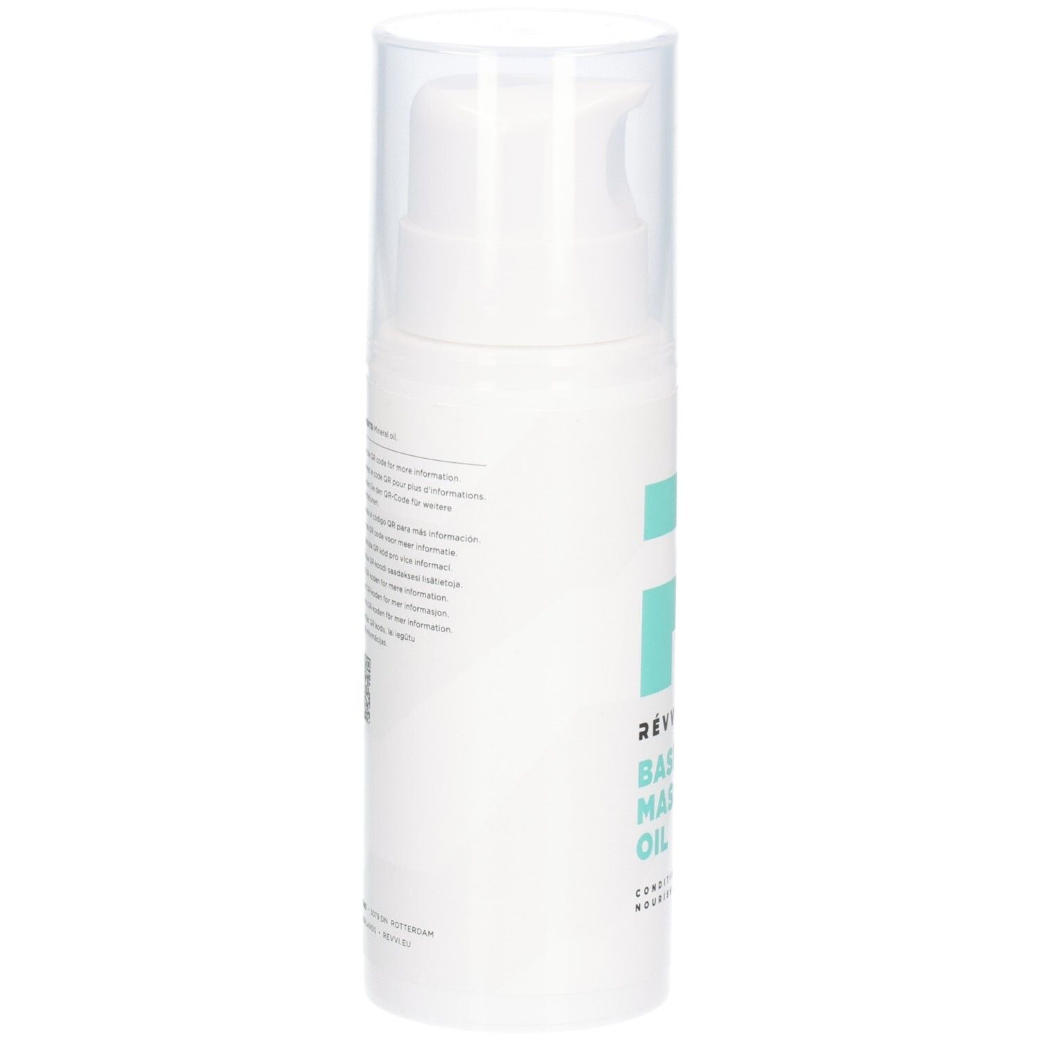 Flacon blanc avec pompe. Dos avec texte. Code QR et informations. Nom du produit : RÉVVI Basic Massage Oil.