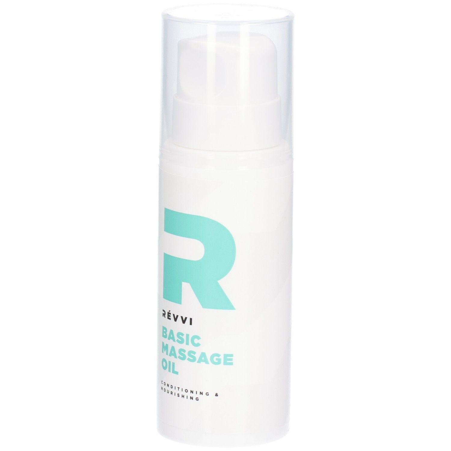Flacon blanc avec pompe. Logo et texte turquoise : RÉVVI Basic Massage Oil. Inscription : Conditioning & Nourishing.