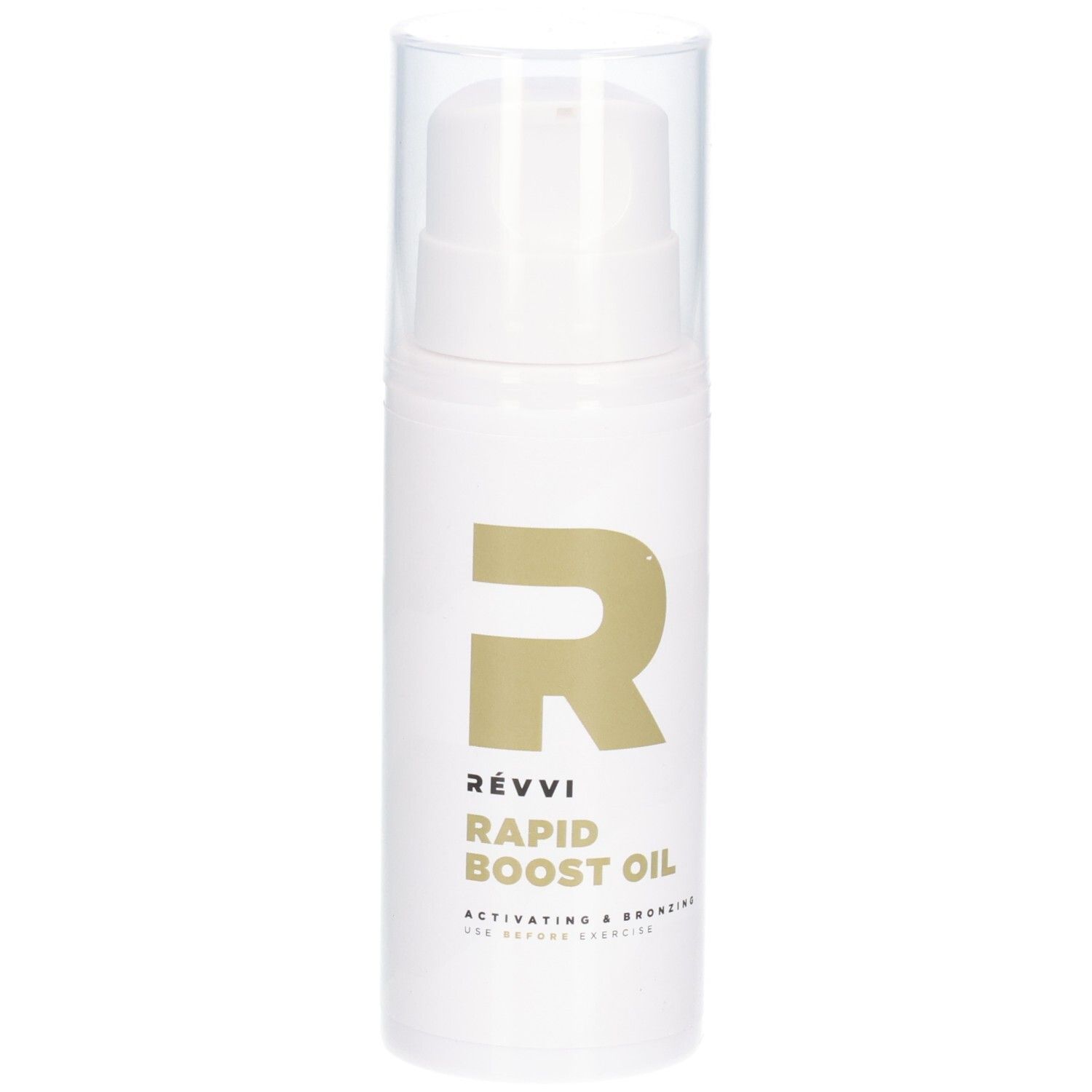 Weiße Flasche mit goldenem Logo und Aufschrift. Produktname: Rapid Boost Oil. Mit transparentem Deckel.
