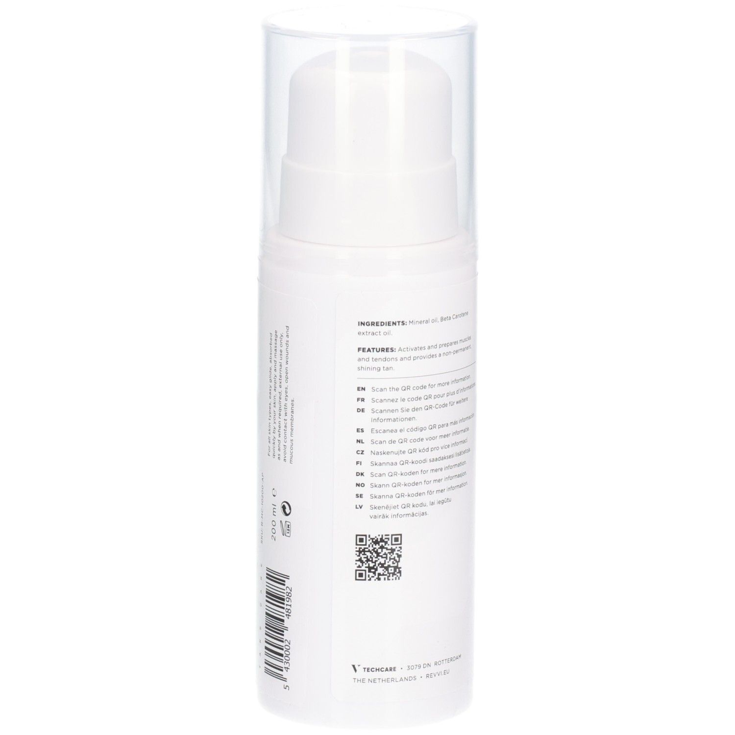 Weiße Flasche mit Text und QR-Codes. Mit transparentem Deckel.