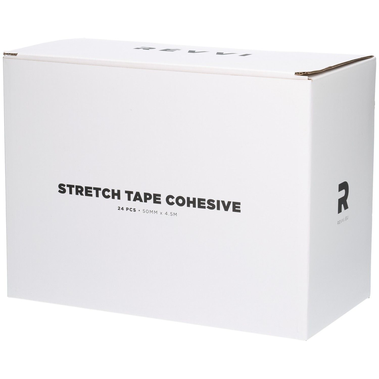 Große weiße Box mit schwarzem Aufdruck: STRETCH TAPE COHESIVE, 24 PCS, 50MM X 4.5M.