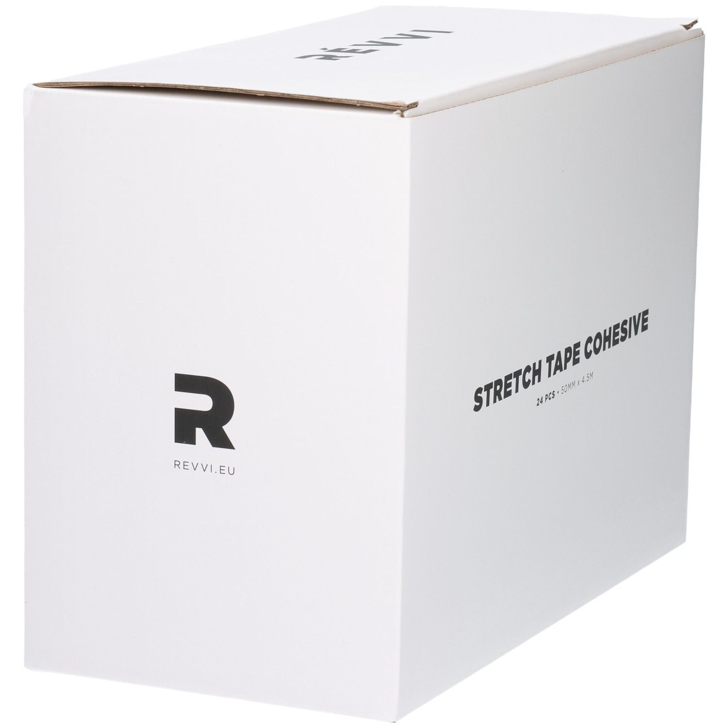 Weiße Box mit schwarzem 'R'-Logo und 'REVVI.EU'. Auf der Seite: STRETCH TAPE COHESIVE.