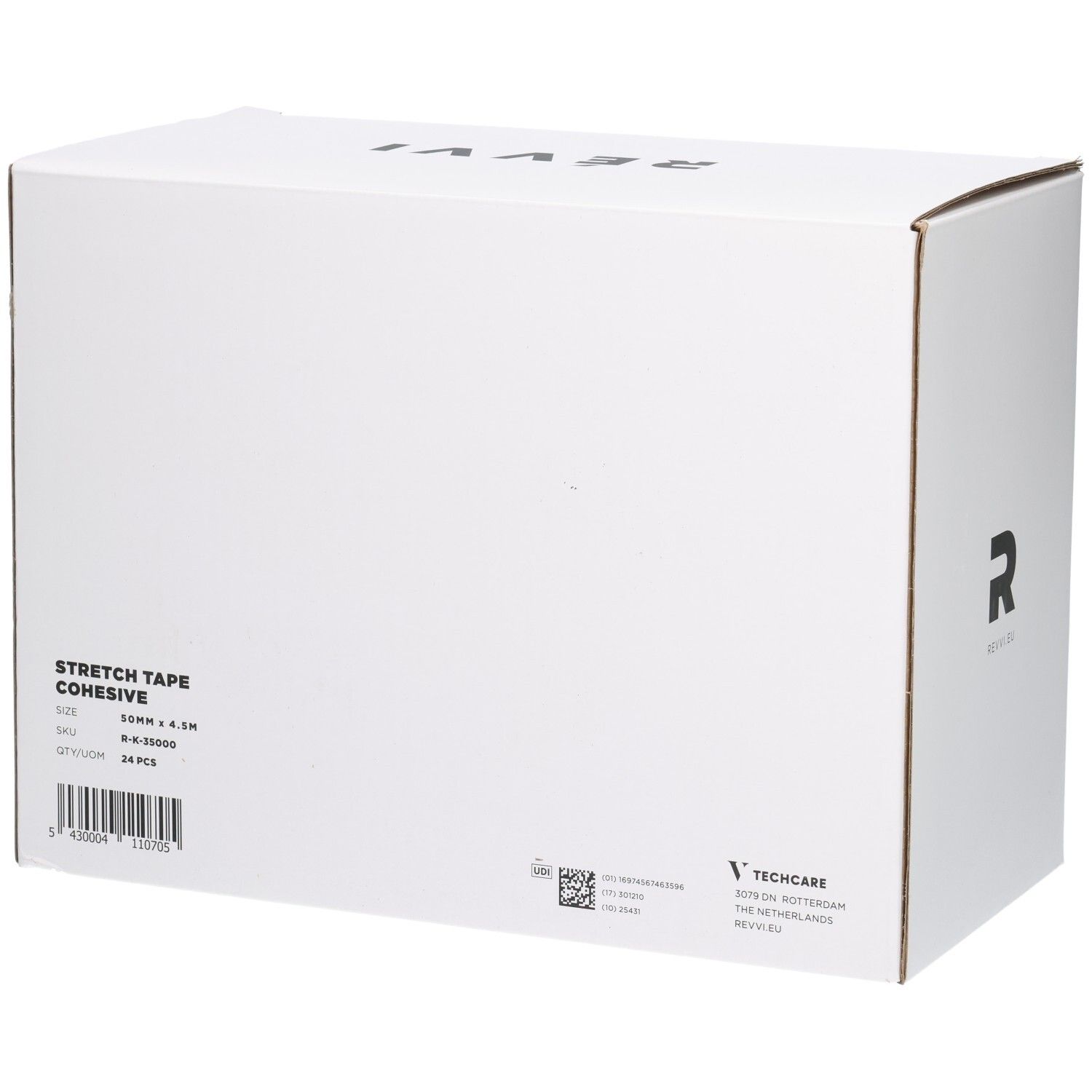 Rückseite einer weißen Box mit Produktinformationen: STRETCH TAPE COHESIVE, 50MM X 4.5M, 24 PCS.