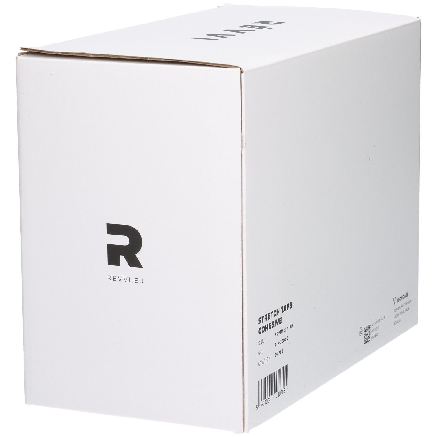 Seitenansicht einer weißen Box mit schwarzem 'R'-Logo und Produktinformationen.